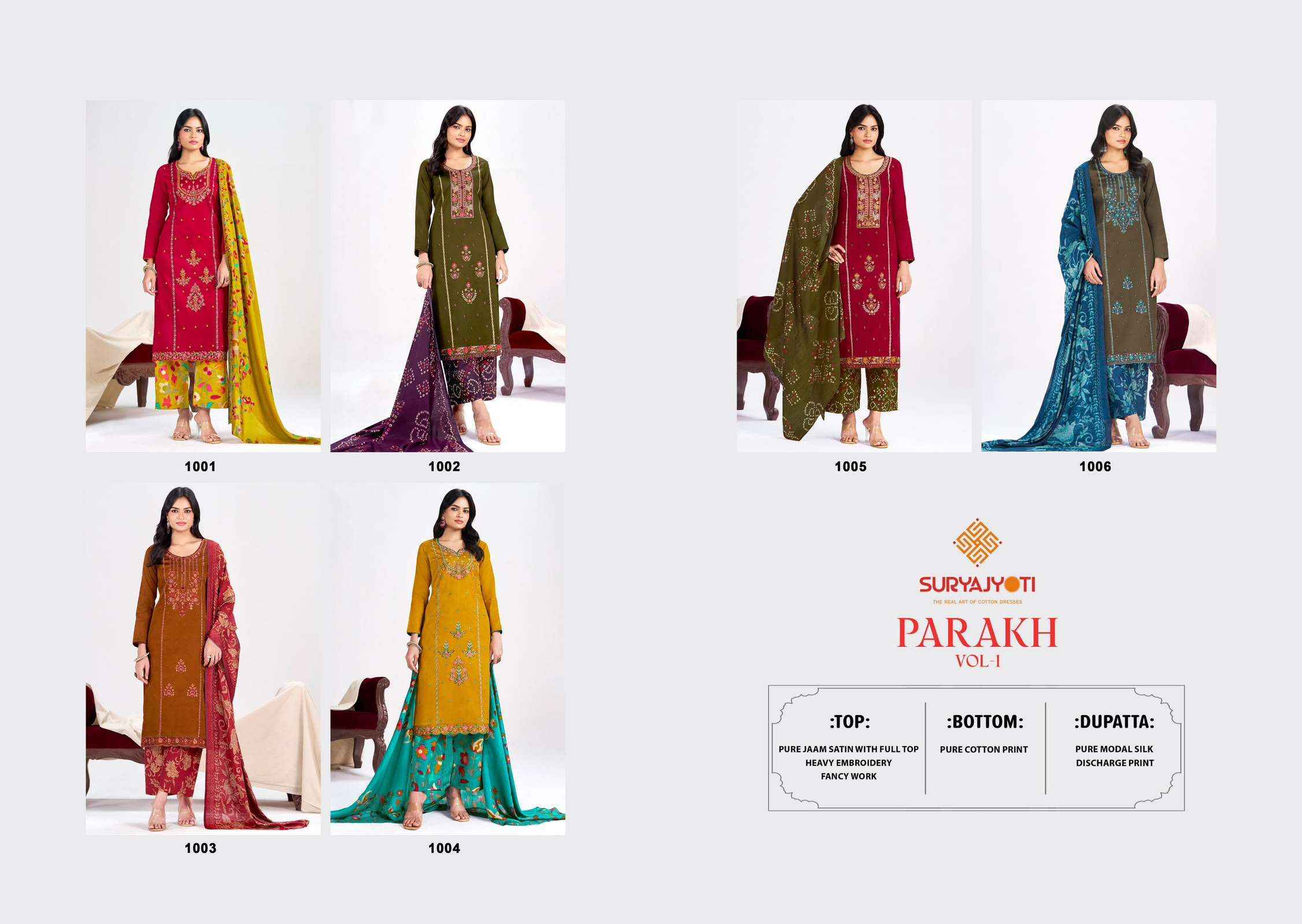 Suryajyoti Parakh Vol 1 - Jam Satin Salwar Suit - Wholesale Market Surat ( 6 Pcs Catalog )