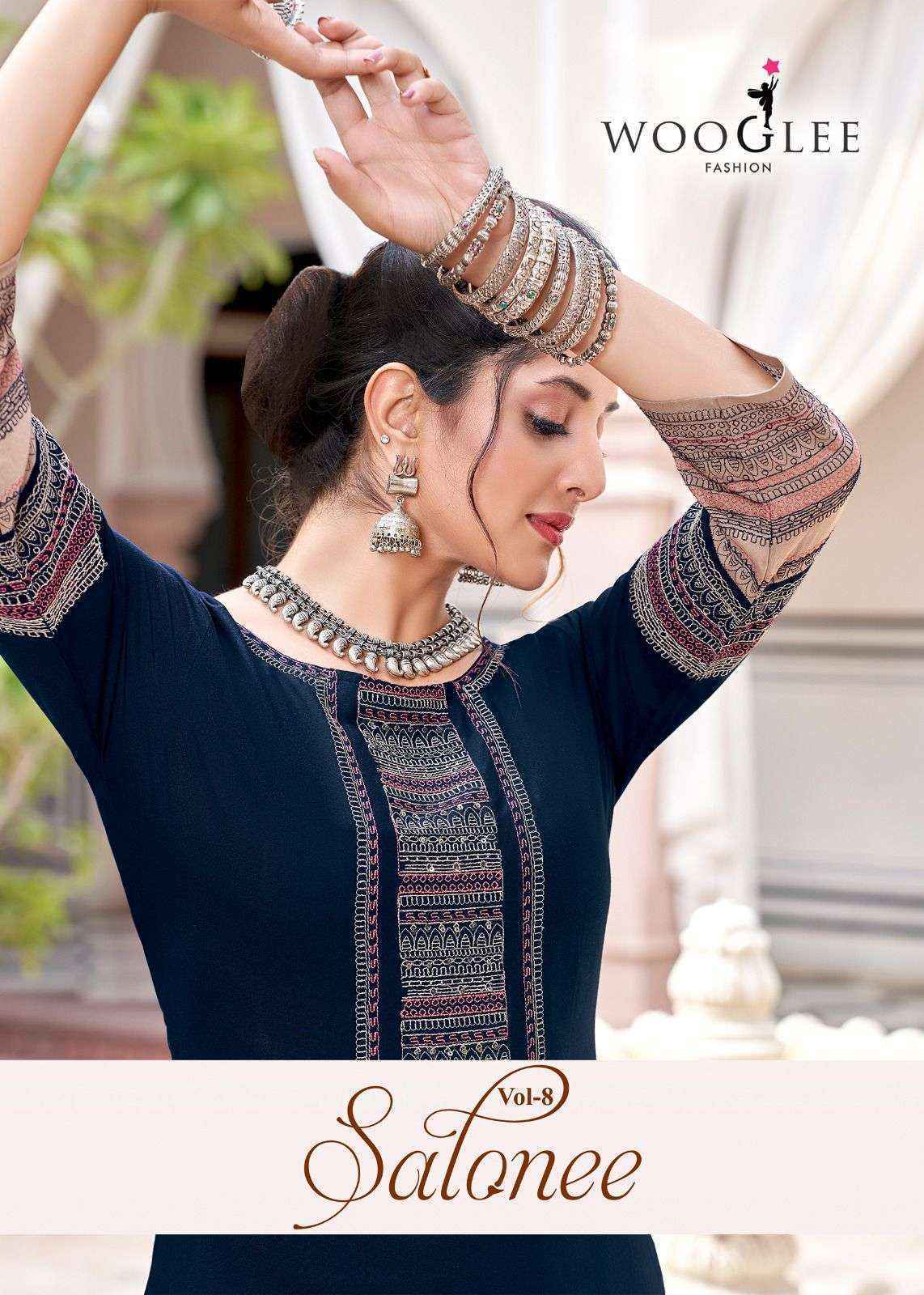 Wooglee Salonee Vol 8 Heavy Rayon Handwork Long Straight Kurti Wholesale Catalog (Set of 6 Pcs)