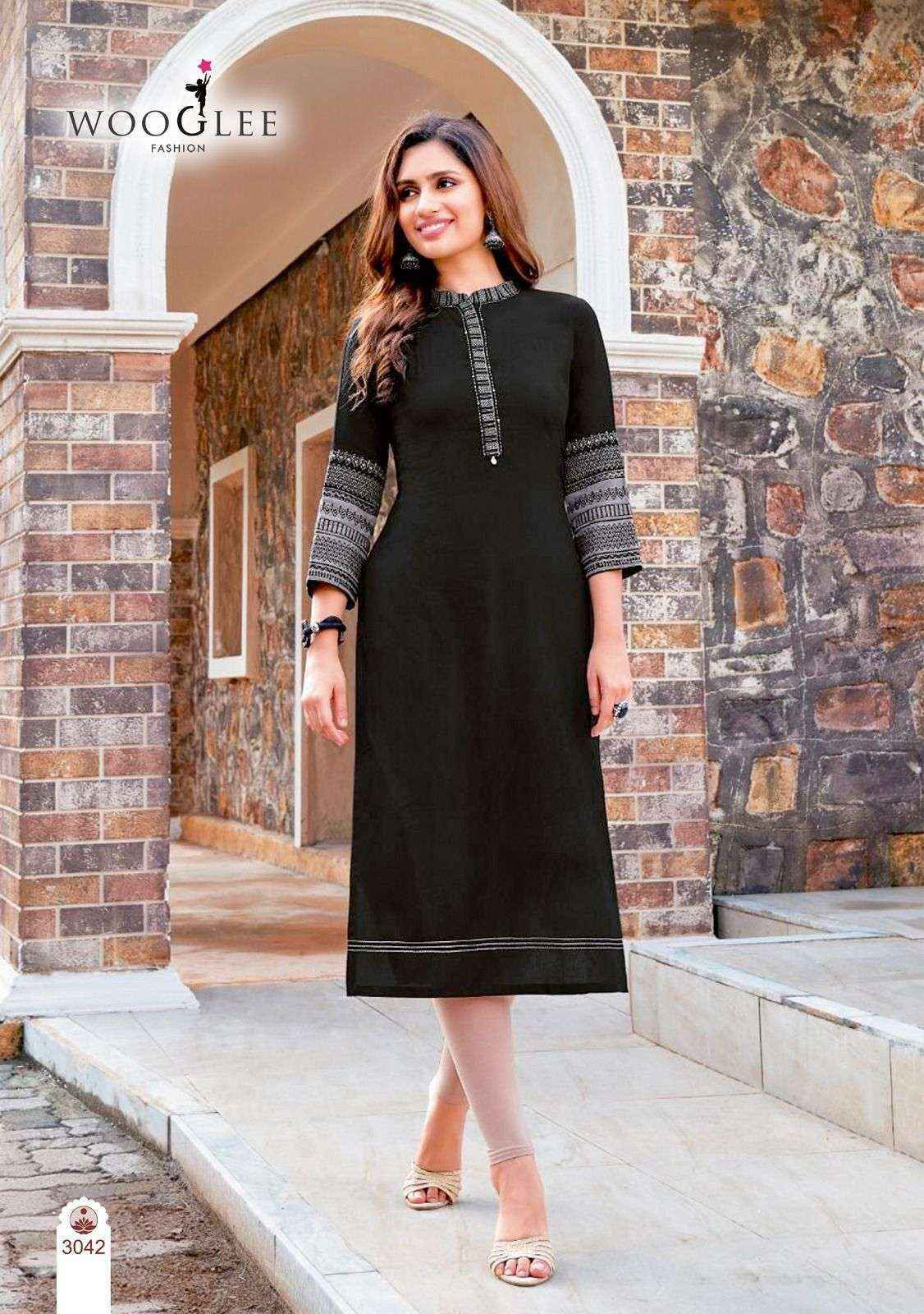 Wooglee Salonee Vol 8 Heavy Rayon Handwork Long Straight Kurti Wholesale Catalog (Set of 6 Pcs)