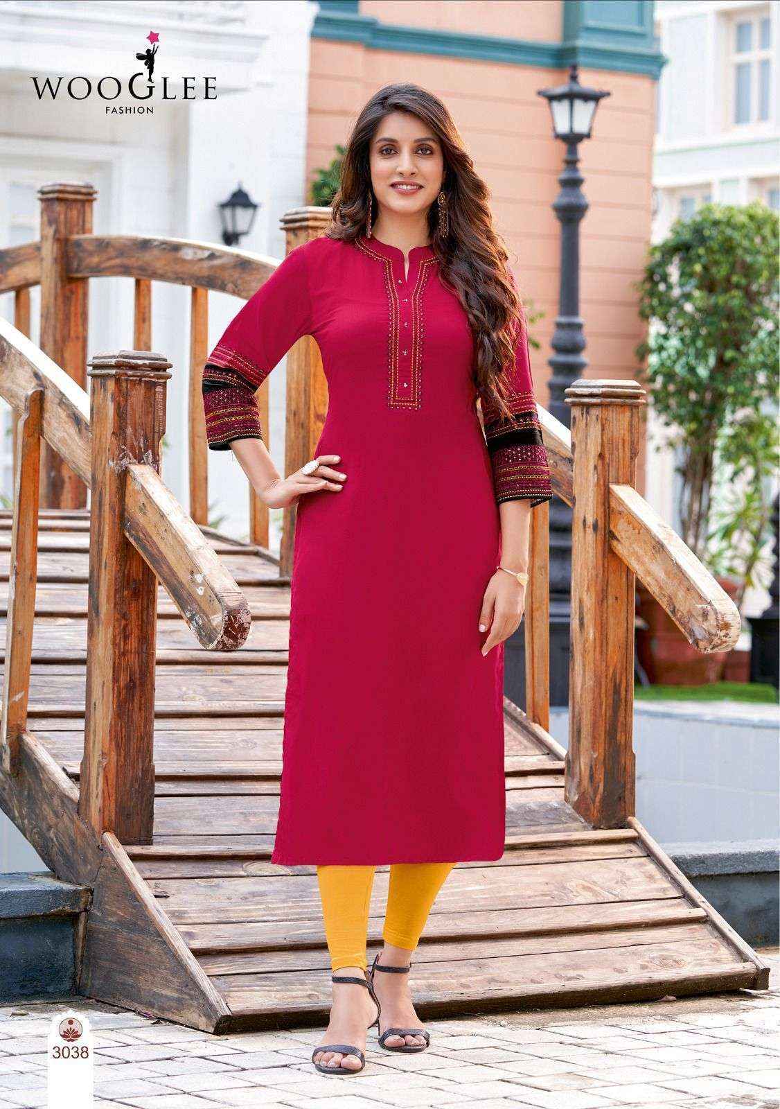 Wooglee Salonee Vol 8 Heavy Rayon Handwork Long Straight Kurti Wholesale Catalog (Set of 6 Pcs)