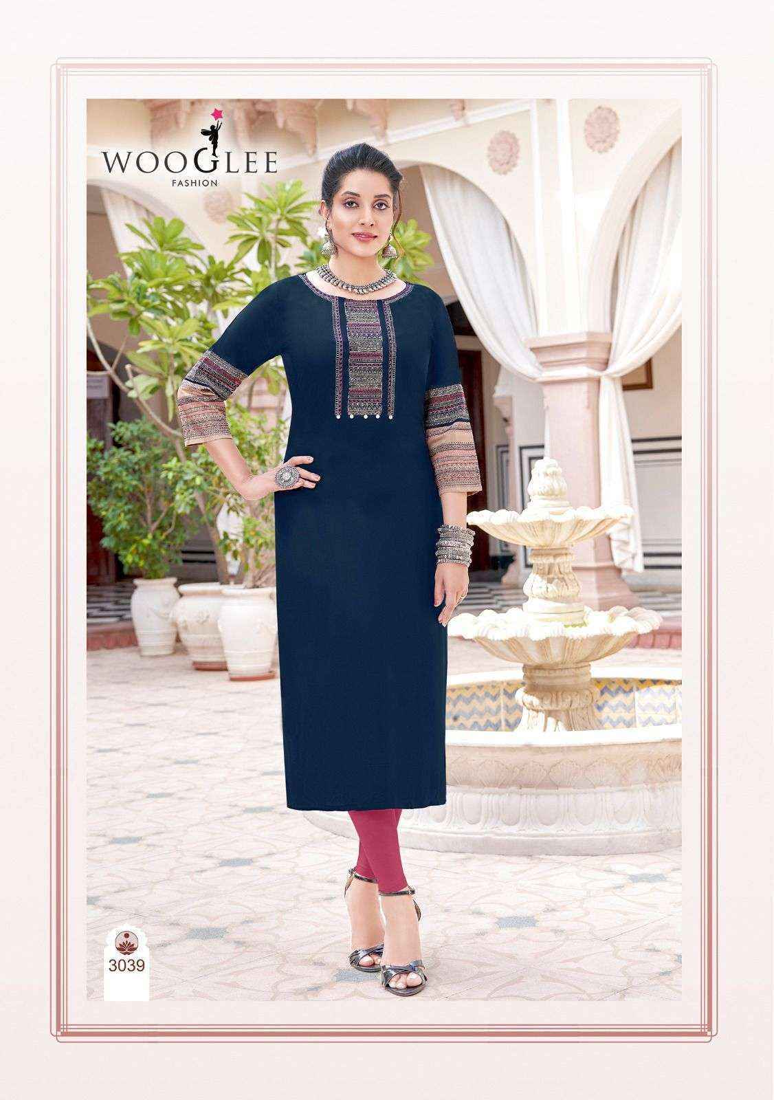 Wooglee Salonee Vol 8 Heavy Rayon Handwork Long Straight Kurti Wholesale Catalog (Set of 6 Pcs)