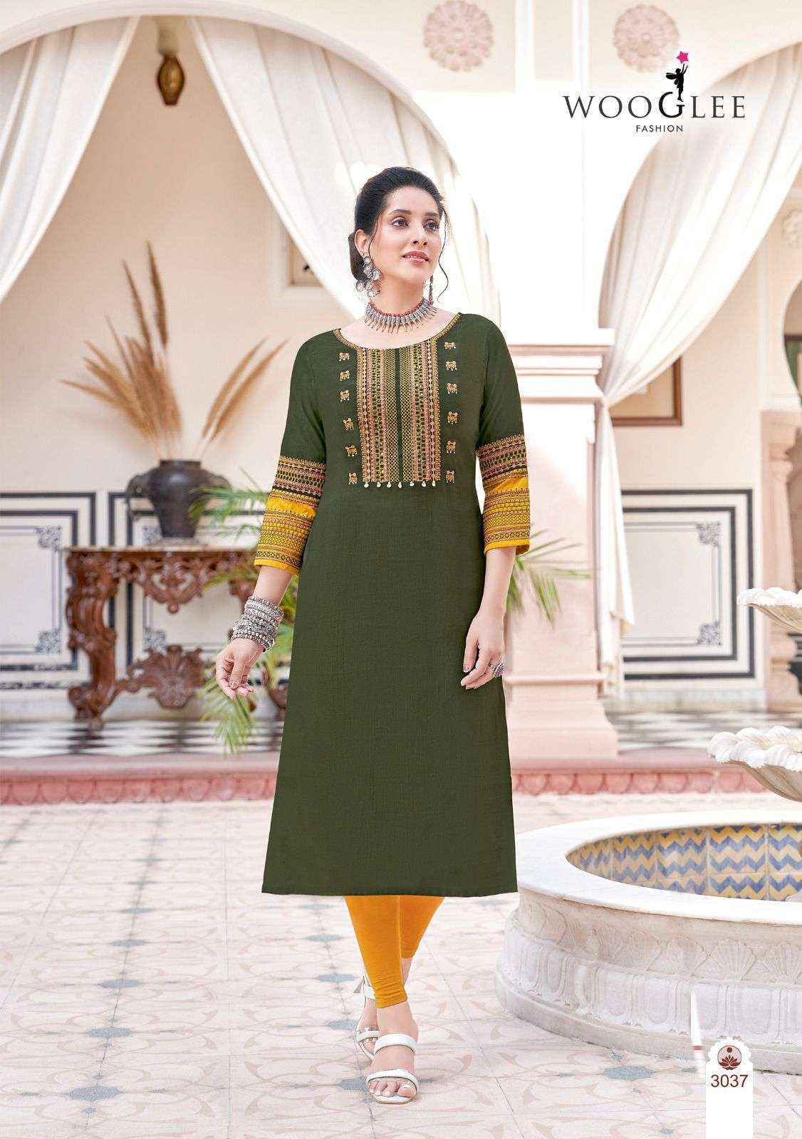 Wooglee Salonee Vol 8 Heavy Rayon Handwork Long Straight Kurti Wholesale Catalog (Set of 6 Pcs)