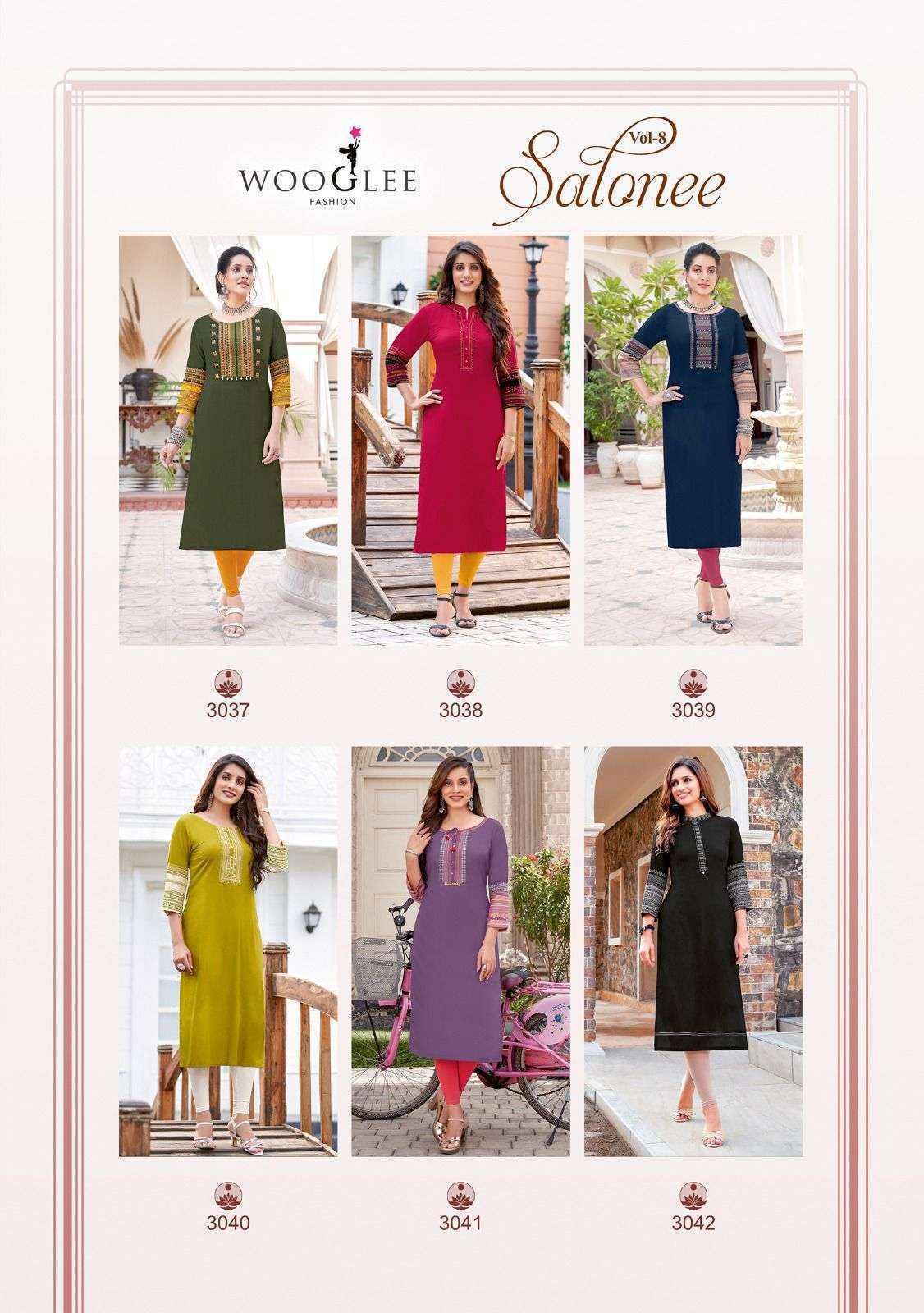 Wooglee Salonee Vol 8 Heavy Rayon Handwork Long Straight Kurti Wholesale Catalog (Set of 6 Pcs)