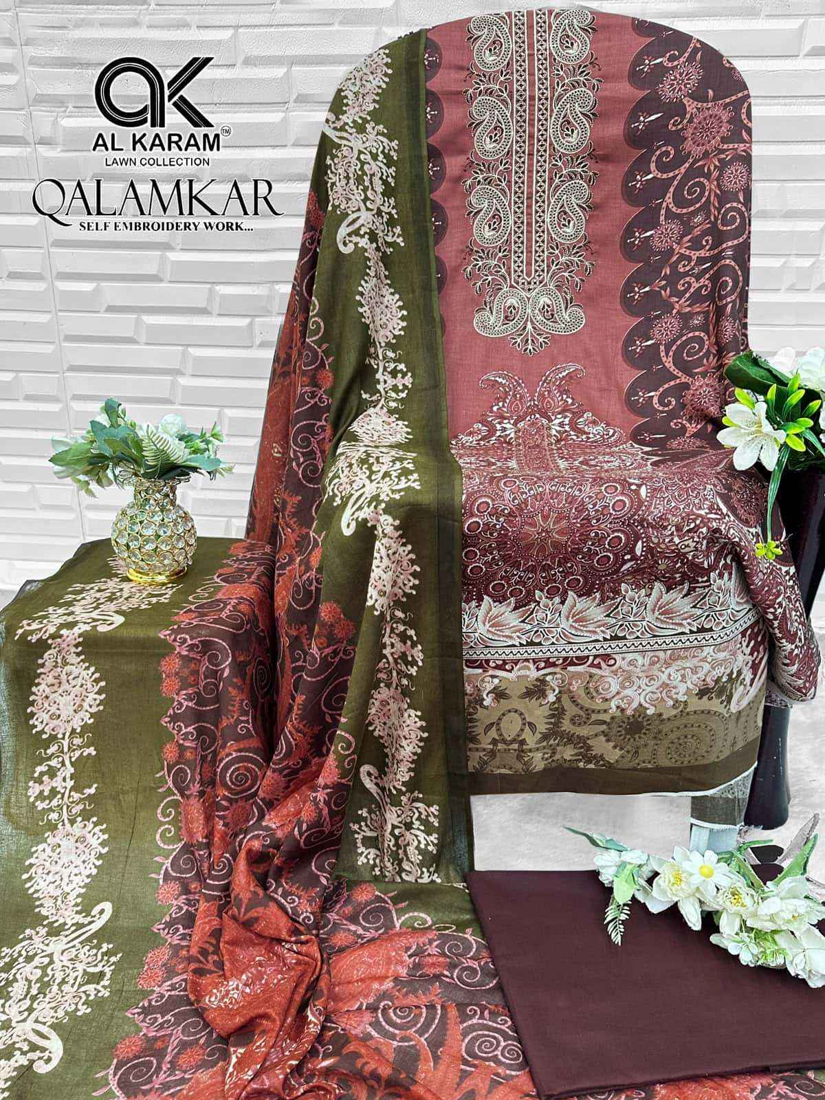 Al Karam Qalamkar Pure Lawn Cotton Dress Material 6Pcs Catalog