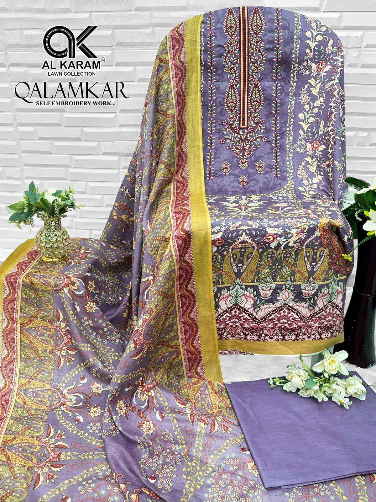 Al Karam Qalamkar Pure Lawn Cotton Dress Material 6Pcs Catalog