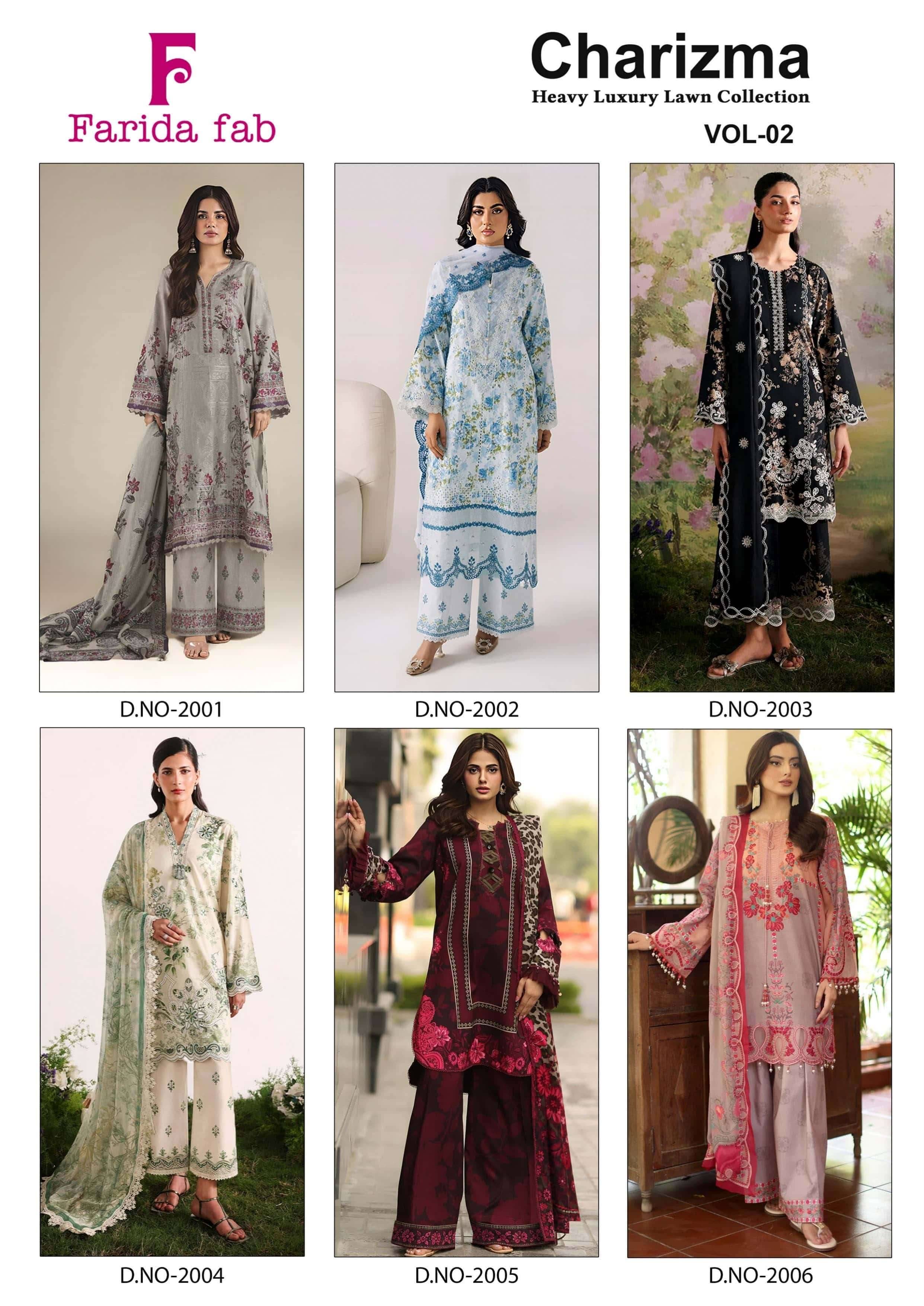 Farida Fab Charizma Vol 2 Heavy Luxury Lawn Collection Salwar Suit 6 Pcs Catalog 