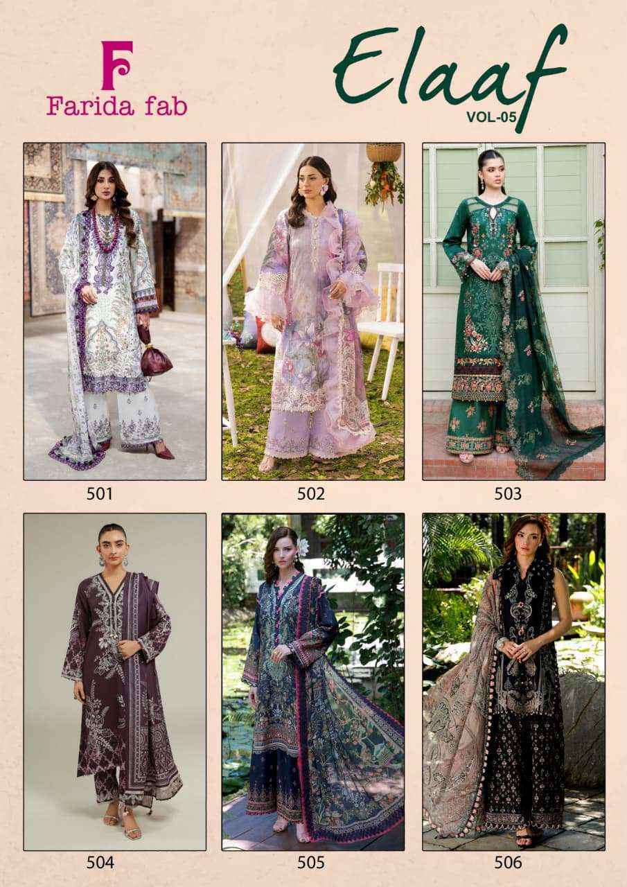 Farida Fab Elaaf Vol 5 Cotton Dress Material Wholesale Price 6 pcs Catalogue