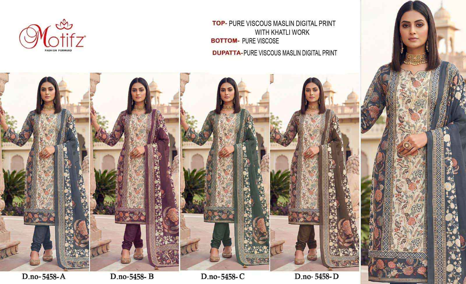 Motifz D 5458 Abcd Pure Viscose Muslin Pakistani Dress 4 Pcs Catalogue