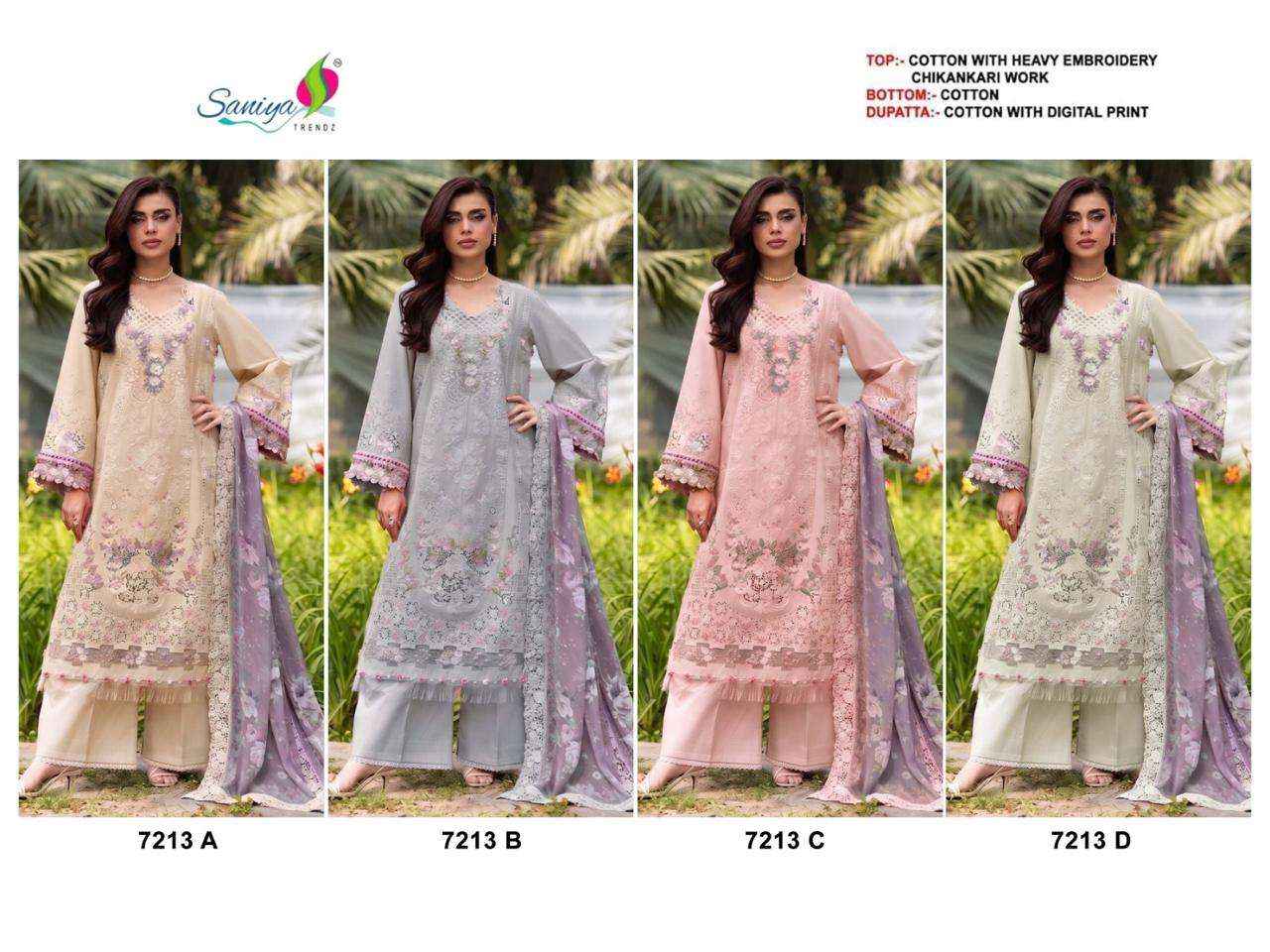 Saniya Trendz 7213 Cotton Chikankari Work Pakistani Suit 4 Pcs Set