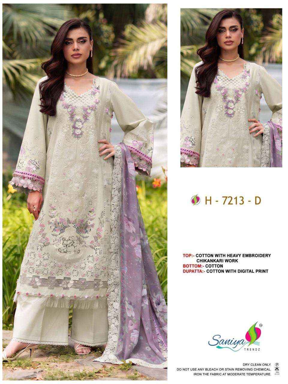 Saniya Trendz 7213 Cotton Chikankari Work Pakistani Suit 4 Pcs Set