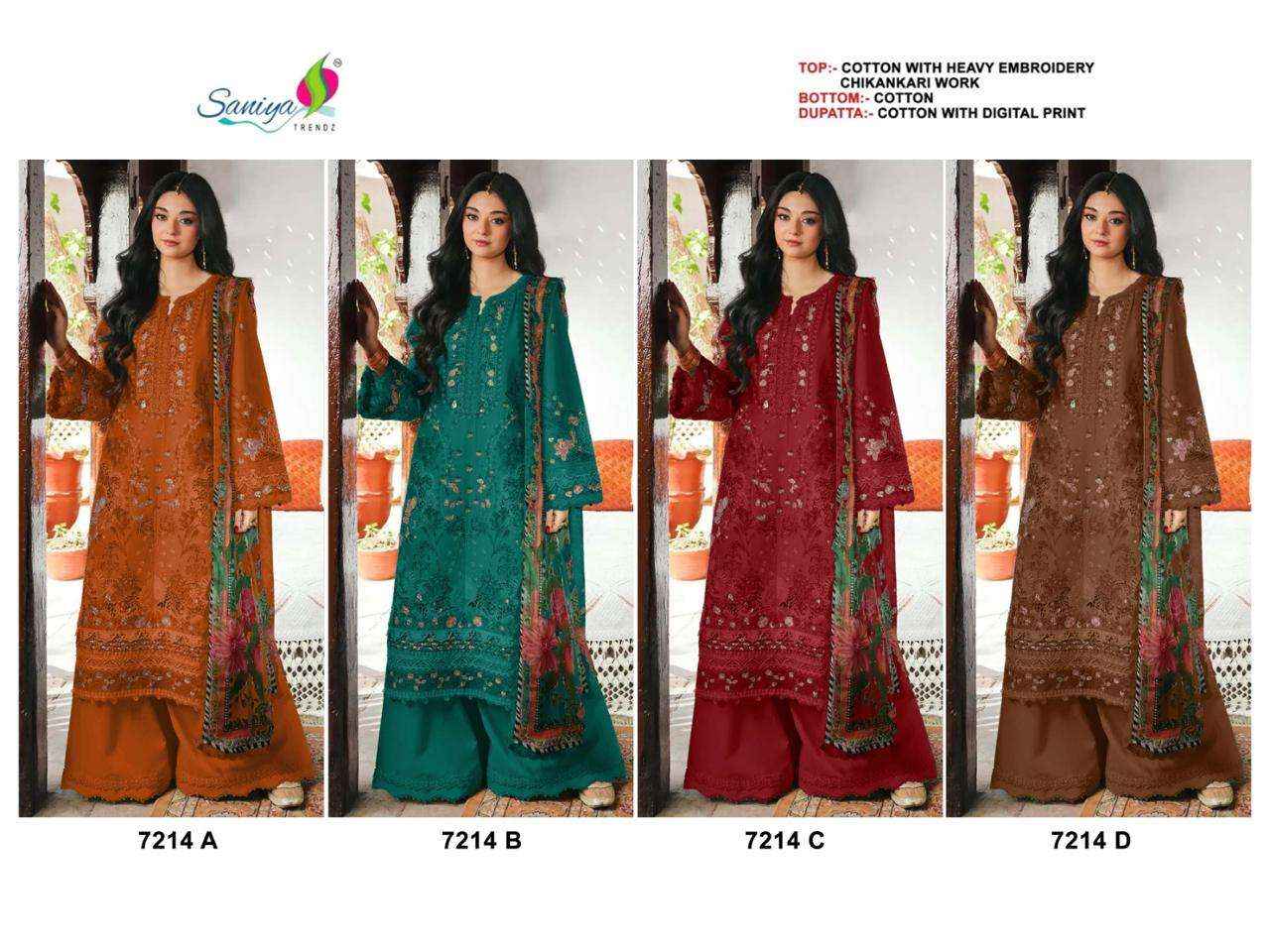 Saniya Trendz 7214 Abcd Unstitch Pakistani Dress 4pcs Catalog