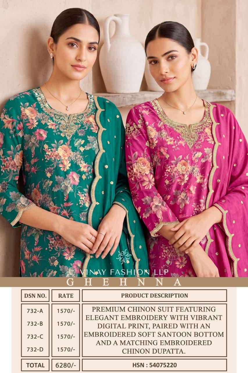 Vinay Fashion Kuleesh Ghehnna Exclusive Premium Chinon Salwar Kameez  4 Pcs catalog 