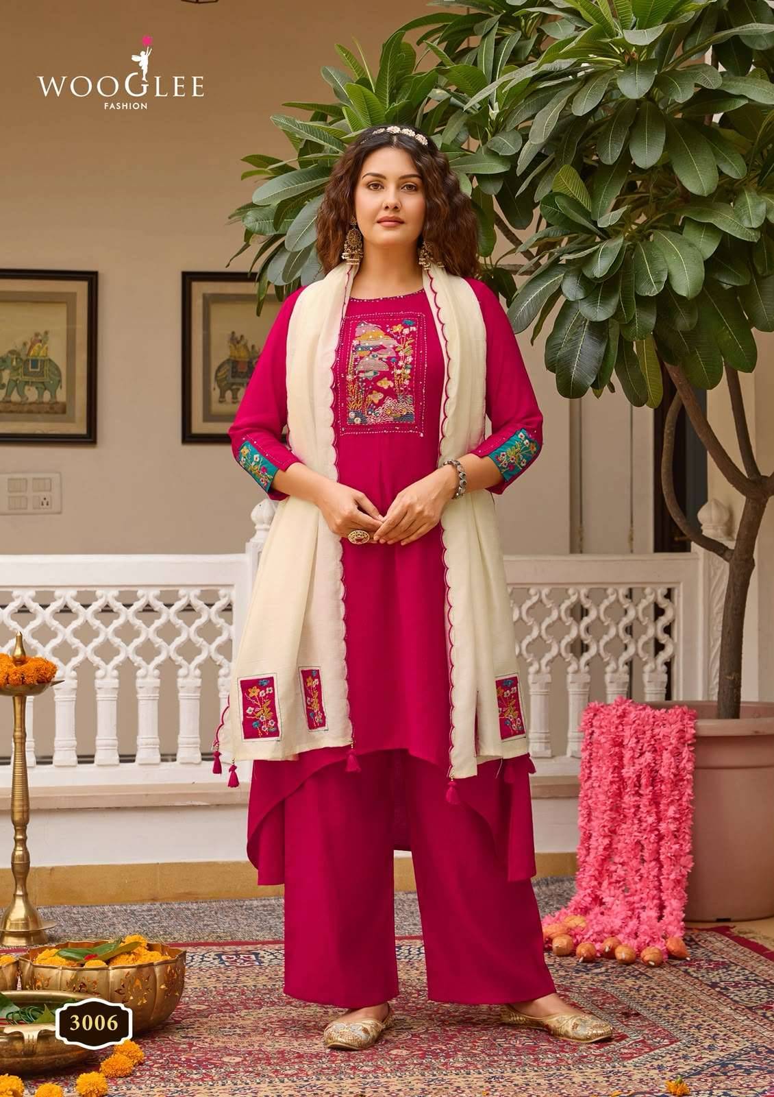 WOOGLEE UTSAVI VISCOSE FANCY WORKS LADIES KURTI BOTTOM AND DUPATTA SET _ SURAT WHOLESALE MARKET ( 6 PCS CATALOG ) 