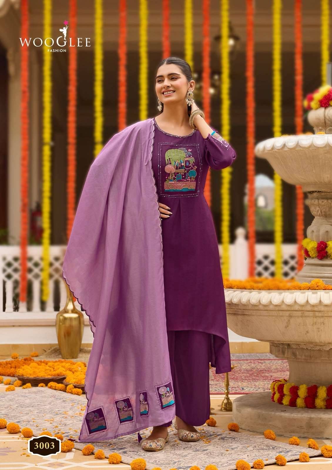 WOOGLEE UTSAVI VISCOSE FANCY WORKS LADIES KURTI BOTTOM AND DUPATTA SET _ SURAT WHOLESALE MARKET ( 6 PCS CATALOG ) 