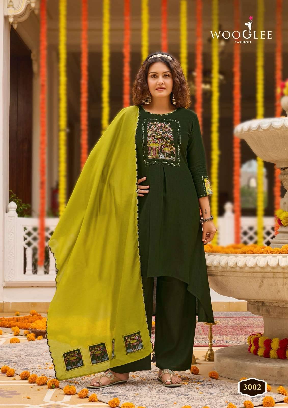 WOOGLEE UTSAVI VISCOSE FANCY WORKS LADIES KURTI BOTTOM AND DUPATTA SET _ SURAT WHOLESALE MARKET ( 6 PCS CATALOG ) 