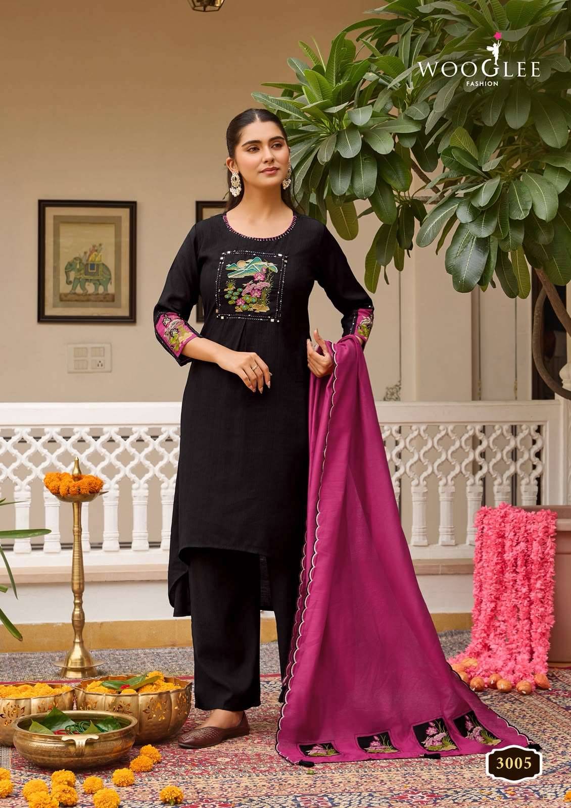 WOOGLEE UTSAVI VISCOSE FANCY WORKS LADIES KURTI BOTTOM AND DUPATTA SET _ SURAT WHOLESALE MARKET ( 6 PCS CATALOG ) 