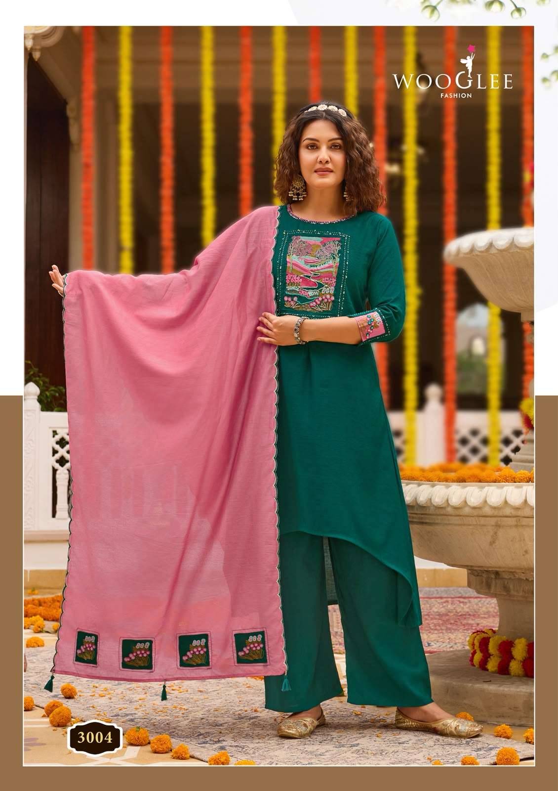 WOOGLEE UTSAVI VISCOSE FANCY WORKS LADIES KURTI BOTTOM AND DUPATTA SET _ SURAT WHOLESALE MARKET ( 6 PCS CATALOG ) 