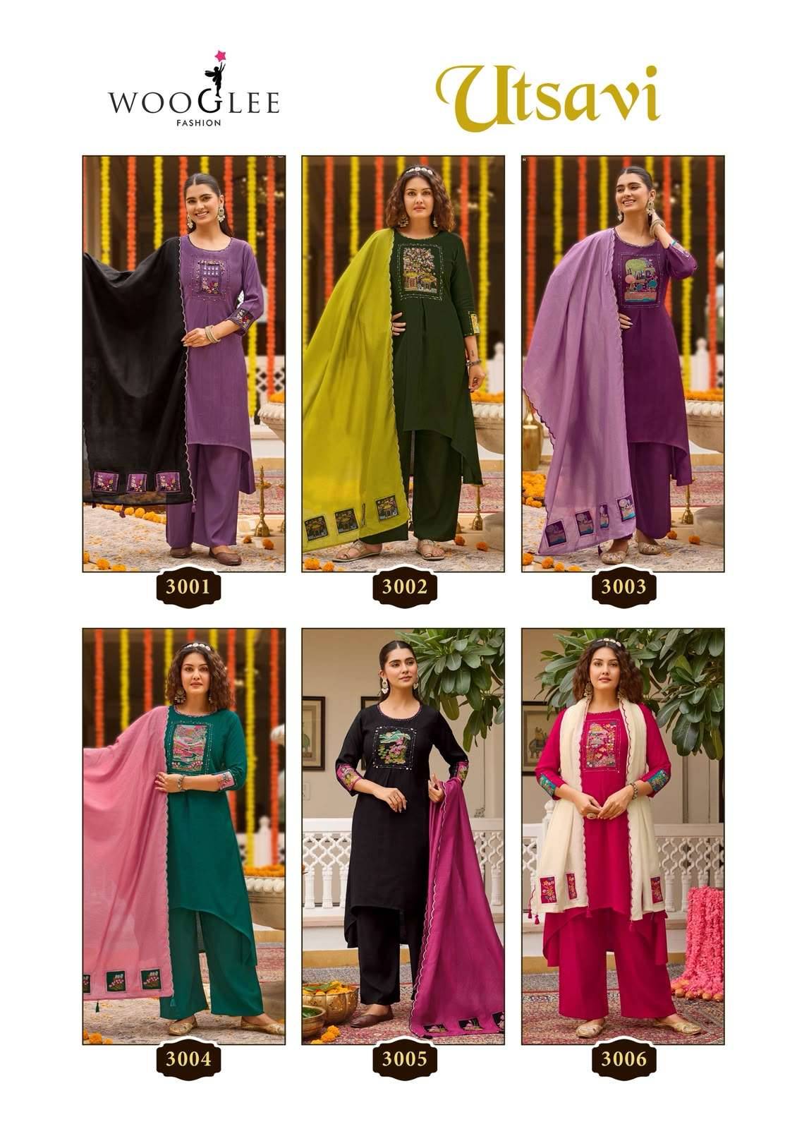 WOOGLEE UTSAVI VISCOSE FANCY WORKS LADIES KURTI BOTTOM AND DUPATTA SET _ SURAT WHOLESALE MARKET ( 6 PCS CATALOG ) 