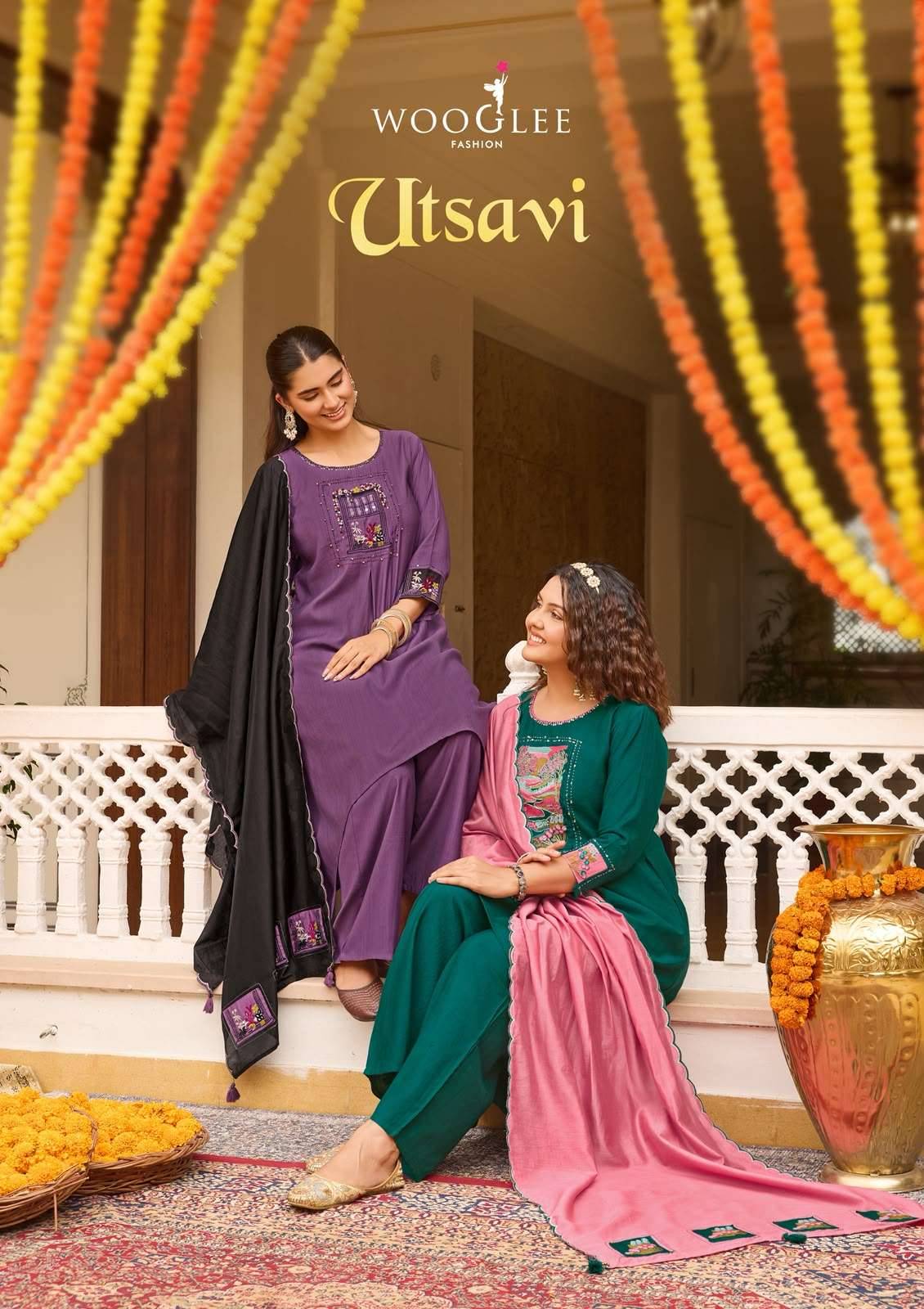 WOOGLEE UTSAVI VISCOSE FANCY WORKS LADIES KURTI BOTTOM AND DUPATTA SET _ SURAT WHOLESALE MARKET ( 6 PCS CATALOG ) 
