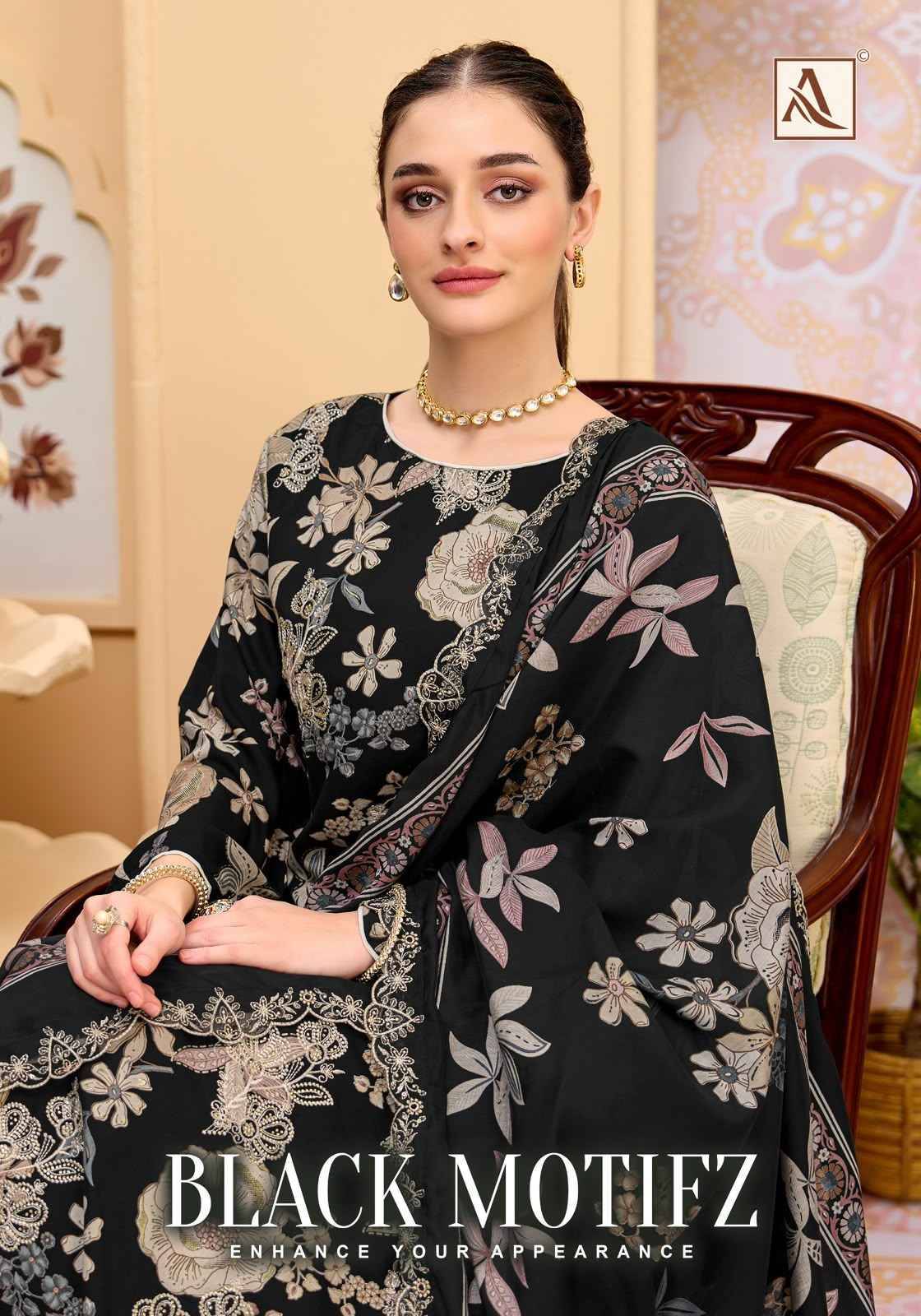 Alok Black Motifz Viscose Reyon Dress Material wholesale 6 pcs Catalog