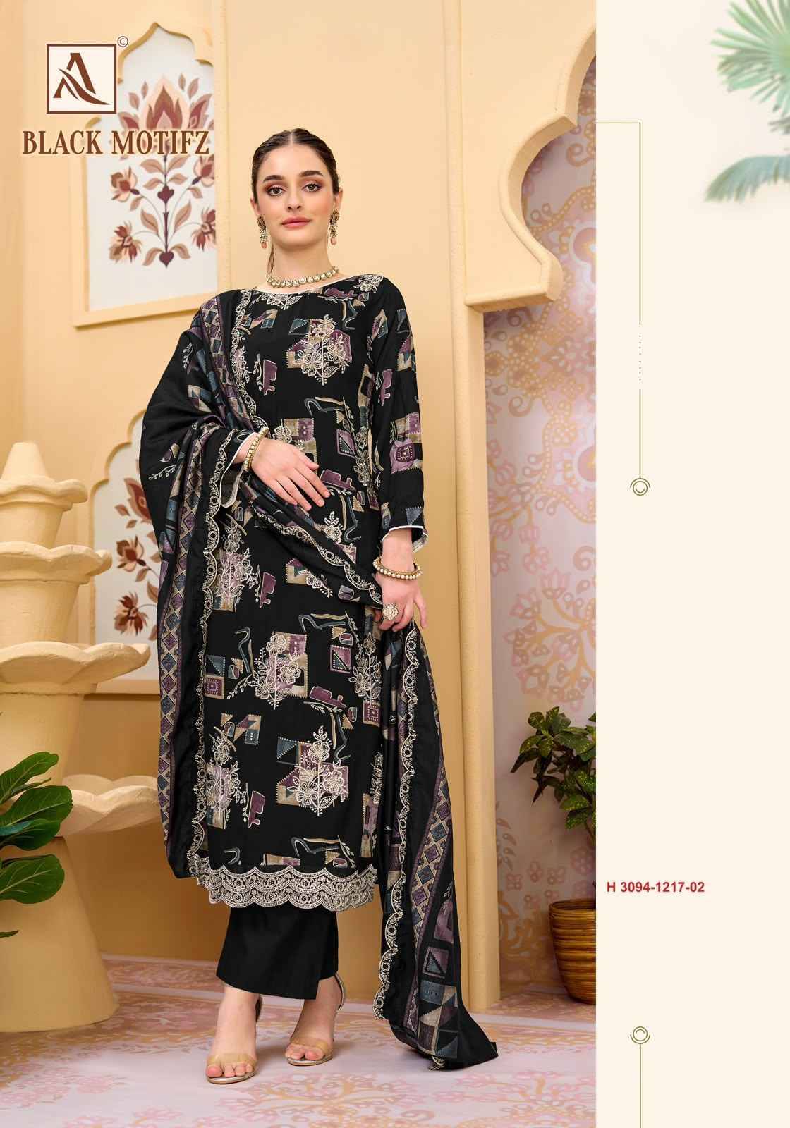 Alok Black Motifz Viscose Reyon Dress Material wholesale 6 pcs Catalog