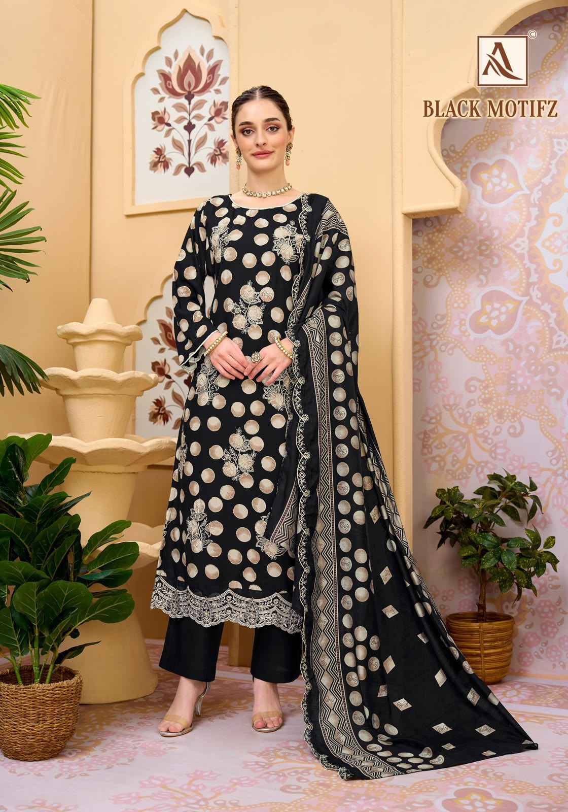 Alok Black Motifz Viscose Reyon Dress Material wholesale 6 pcs Catalog