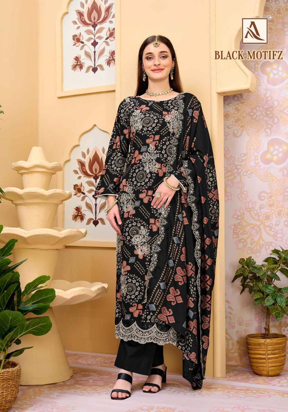 Alok Black Motifz Viscose Reyon Dress Material wholesale 6 pcs Catalog
