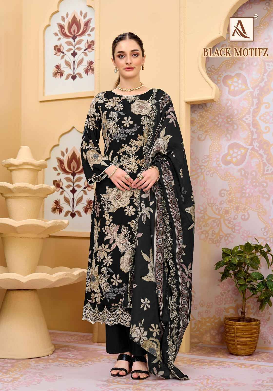 Alok Black Motifz Viscose Reyon Dress Material wholesale 6 pcs Catalog