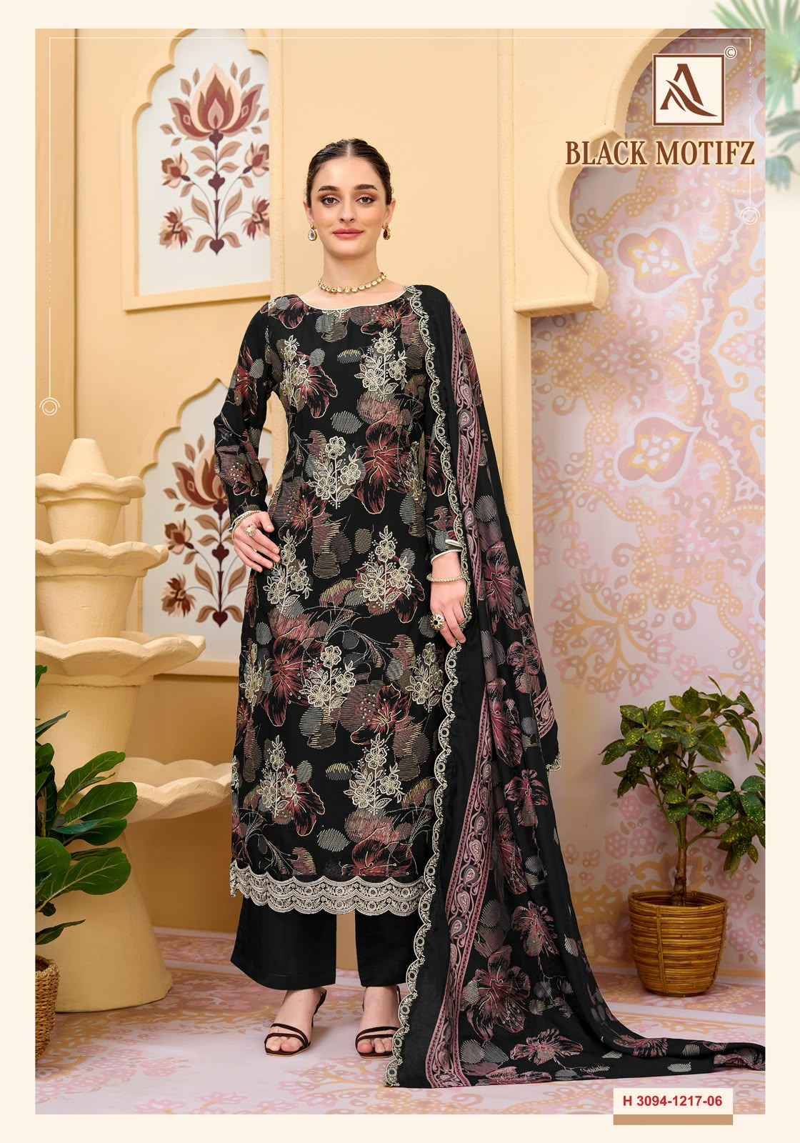 Alok Black Motifz Viscose Reyon Dress Material wholesale 6 pcs Catalog