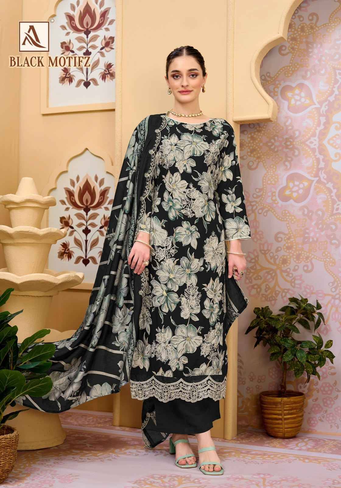 Alok Black Motifz Viscose Reyon Dress Material wholesale 6 pcs Catalog