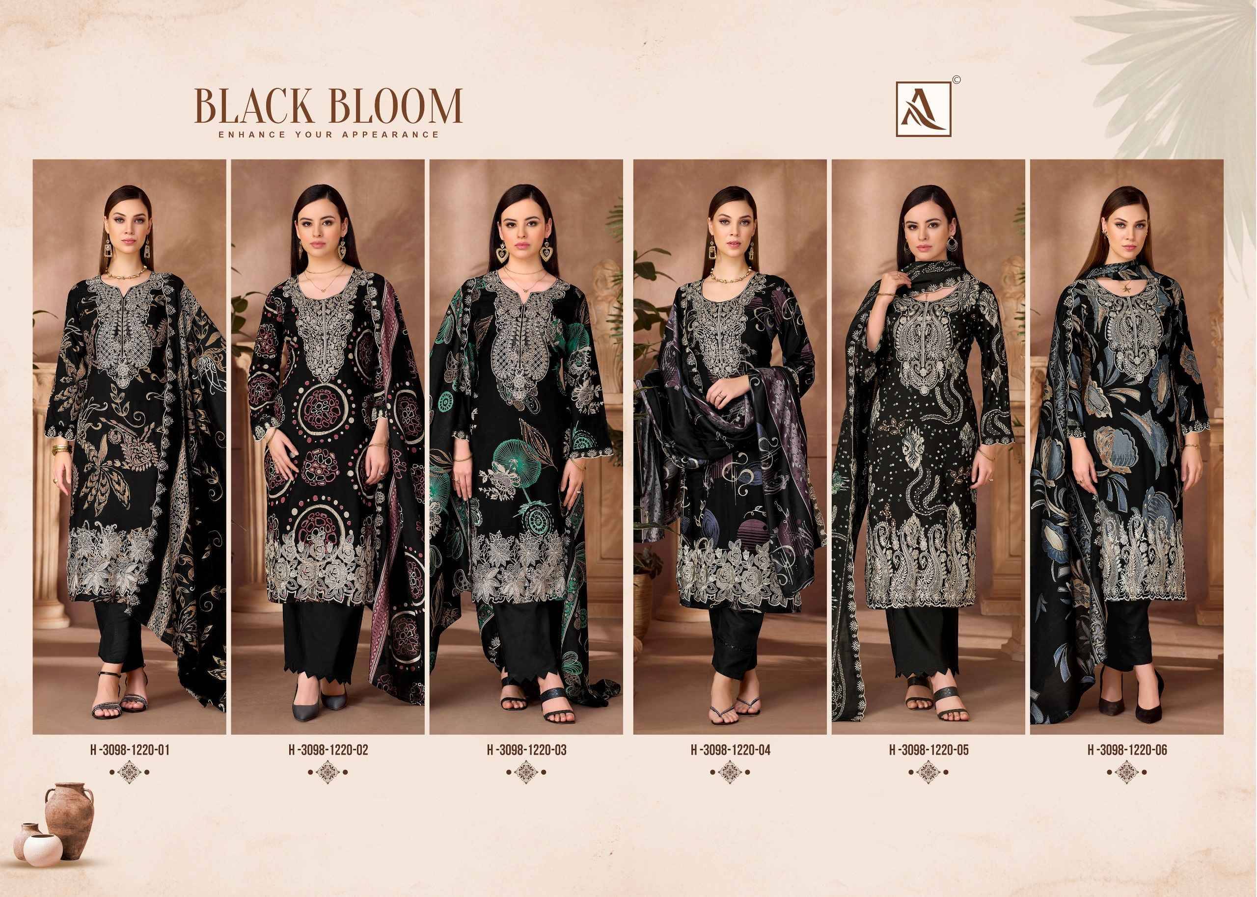 Alok Suit Black Bloom Reyon Dress Material 6 pcs Catalog