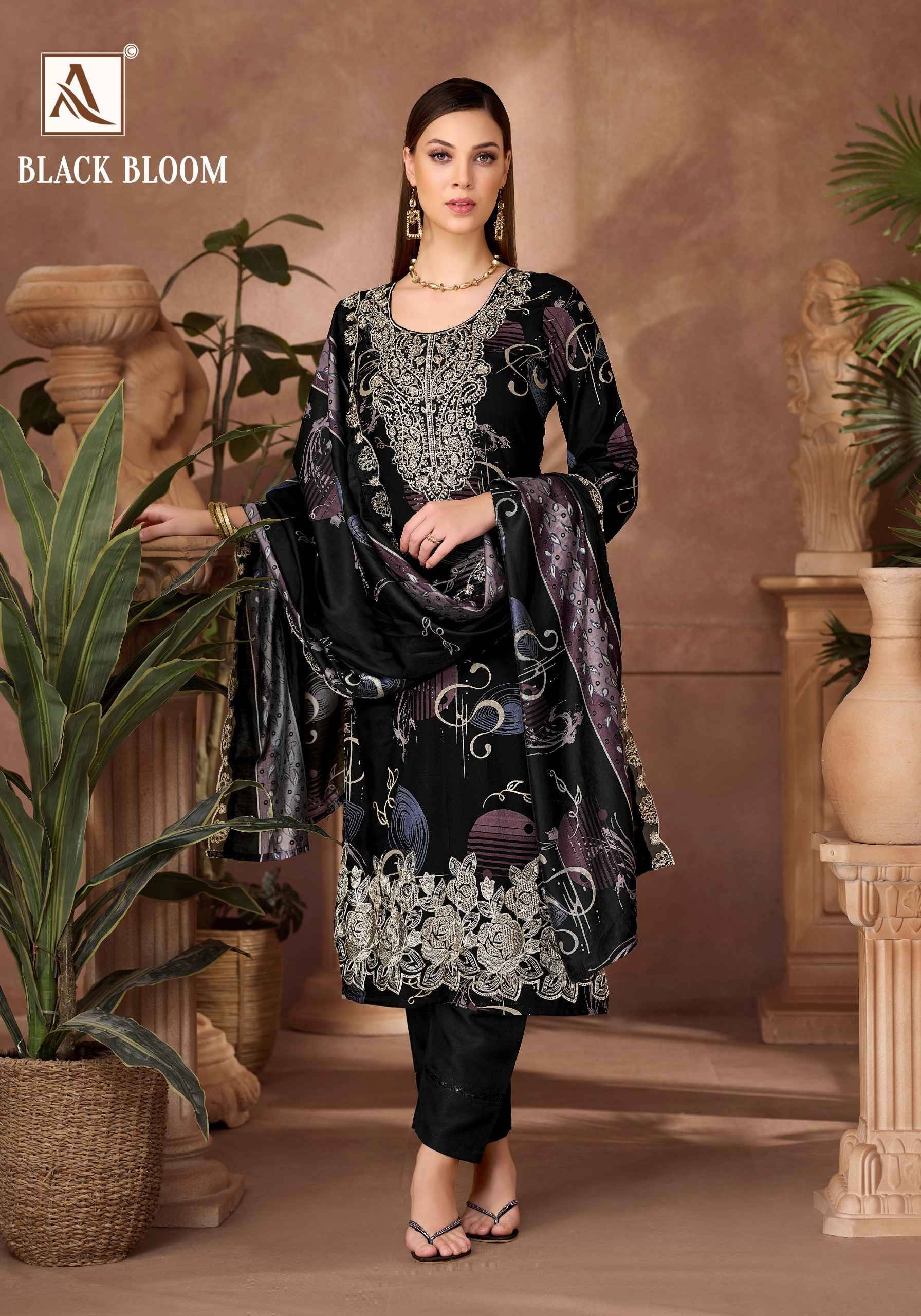 Alok Suit Black Bloom Reyon Dress Material 6 pcs Catalog