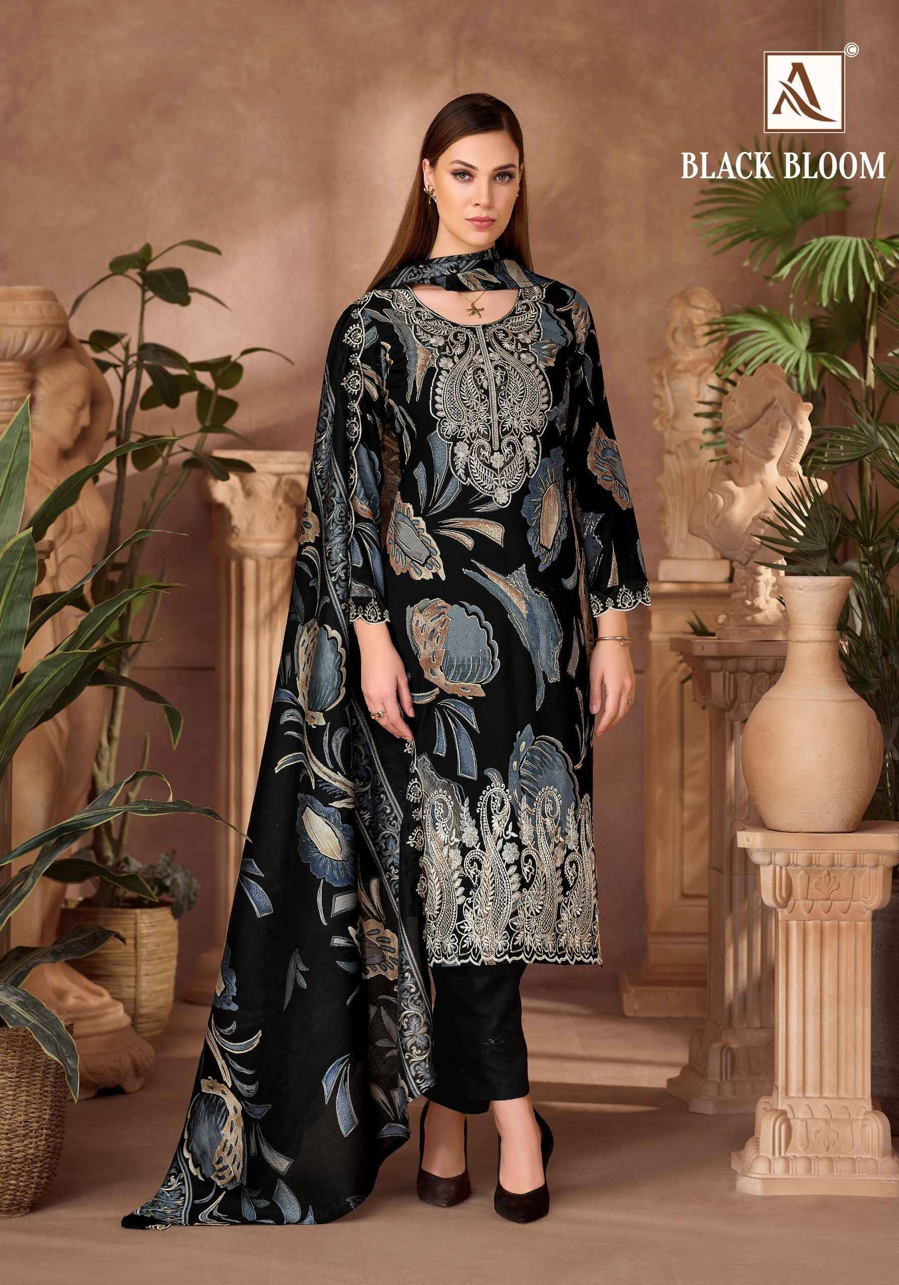 Alok Suit Black Bloom Reyon Dress Material 6 pcs Catalog