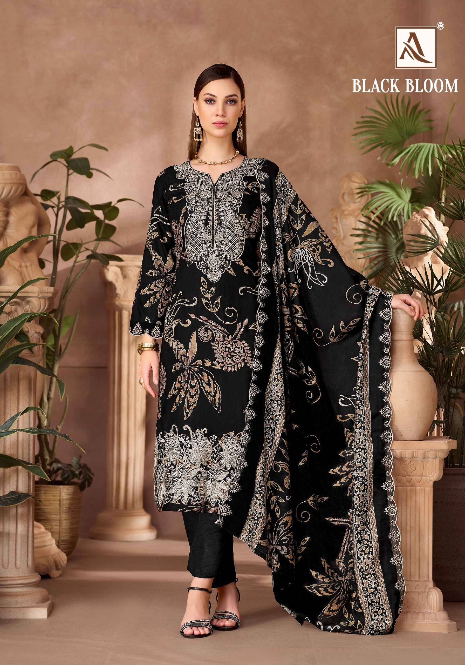 Alok Suit Black Bloom Reyon Dress Material 6 pcs Catalog