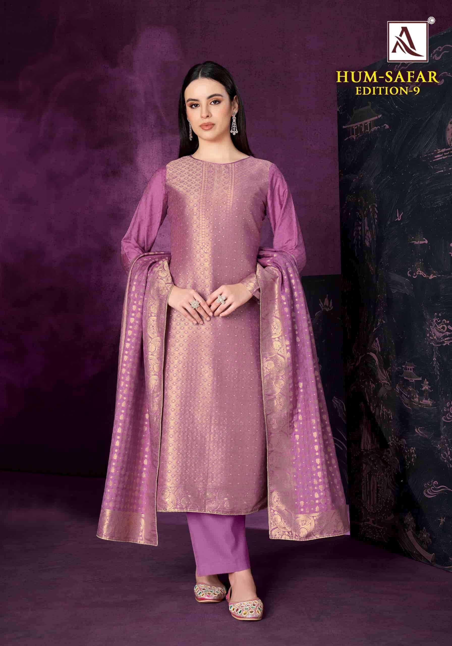 Alok Suit Hum Safar Edition 9 Designer Jacquard Salwar Kameez _ Surat Wholesale Market Price ( 6 Pcs Catalog )