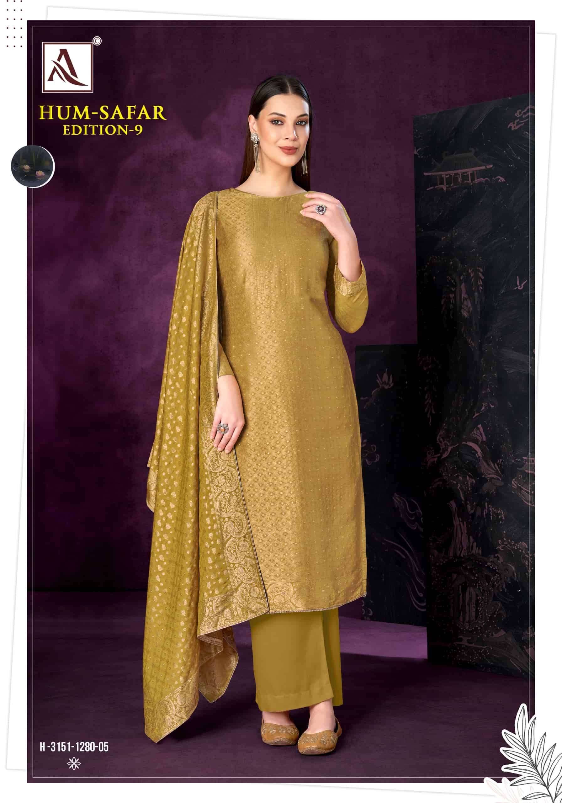 Alok Suit Hum Safar Edition 9 Designer Jacquard Salwar Kameez _ Surat Wholesale Market Price ( 6 Pcs Catalog )