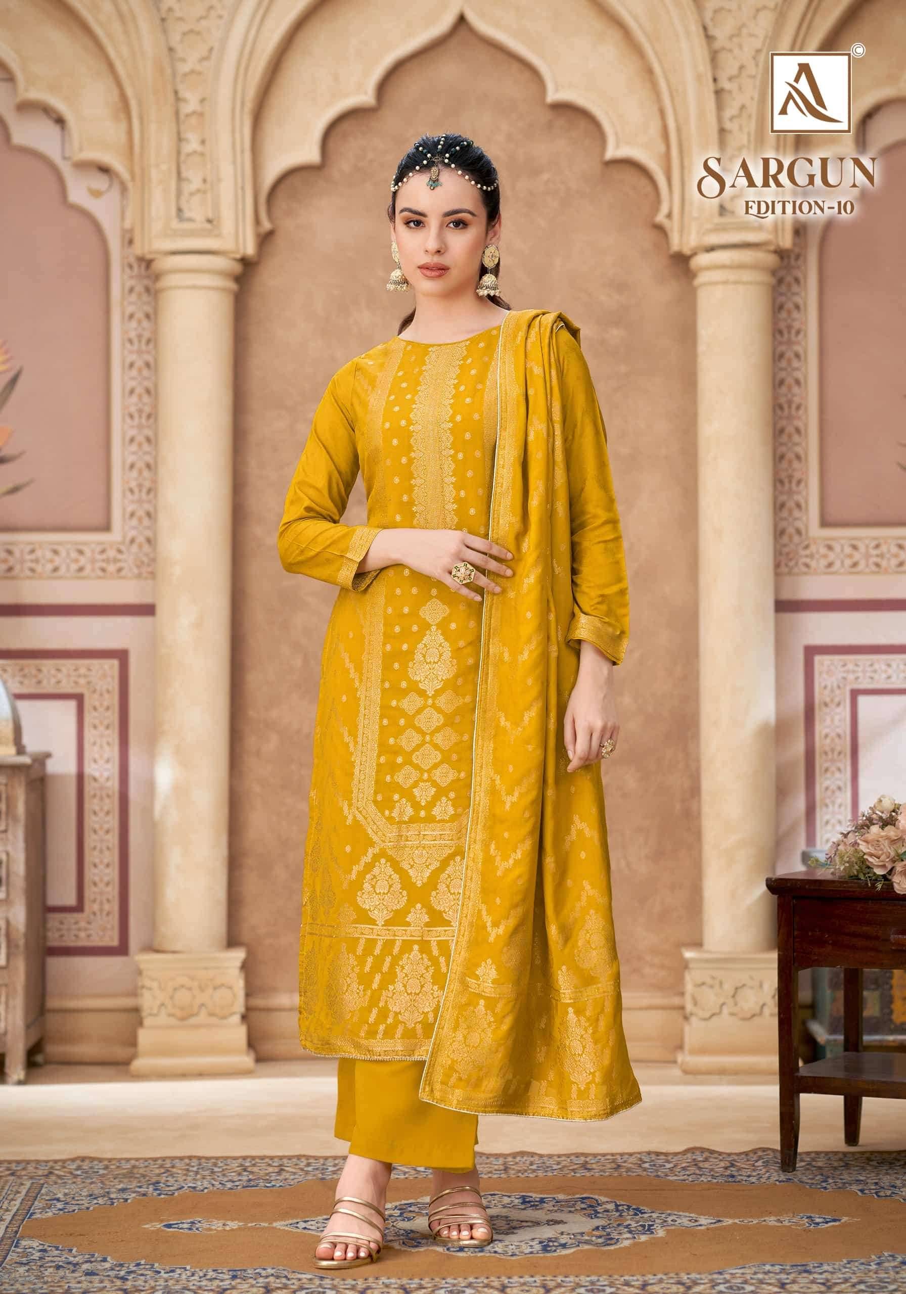Alok Suit Sargun Edition 10 Designer Muslin Jacquard Salwar Kameez _ Surat Wholesale Market 6 Pcs Catalog 