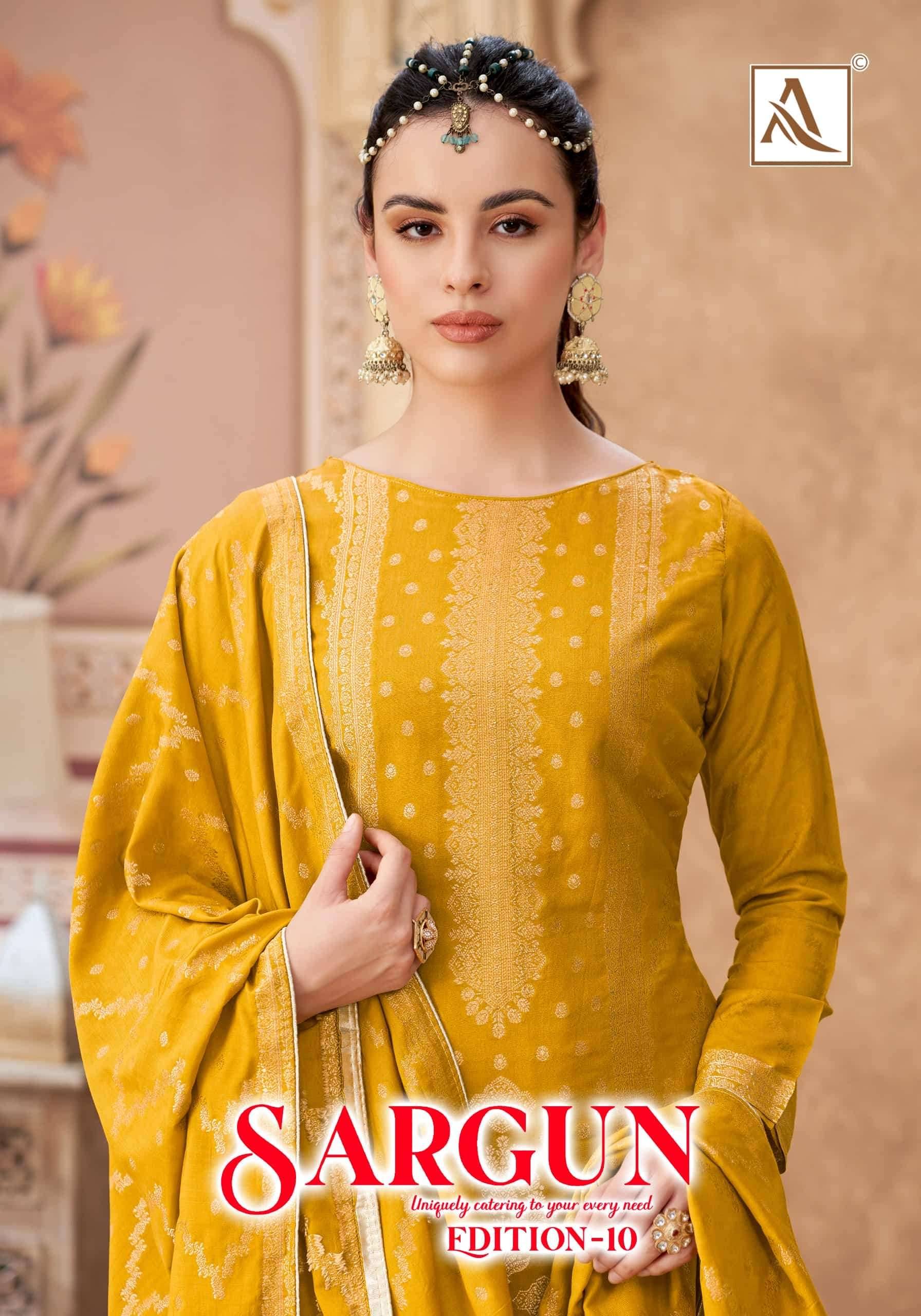 Alok Suit Sargun Edition 10 Designer Muslin Jacquard Salwar Kameez _ Surat Wholesale Market 6 Pcs Catalog 