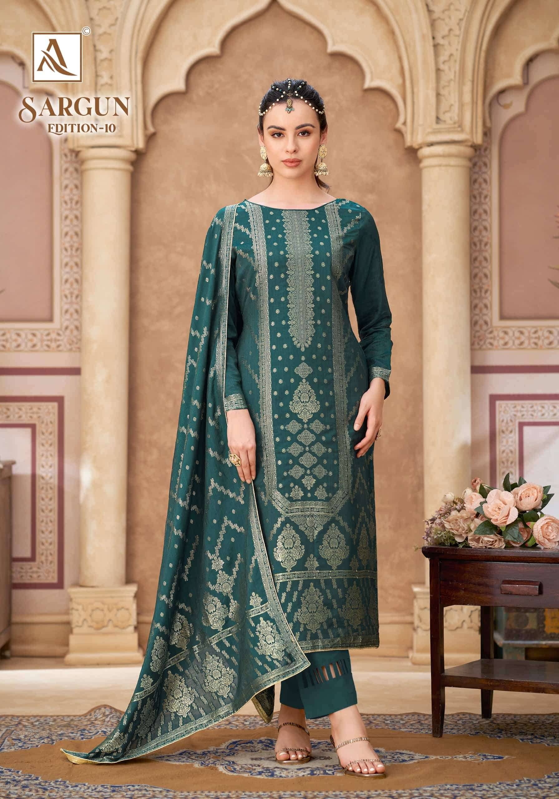 Alok Suit Sargun Edition 10 Designer Muslin Jacquard Salwar Kameez _ Surat Wholesale Market 6 Pcs Catalog 