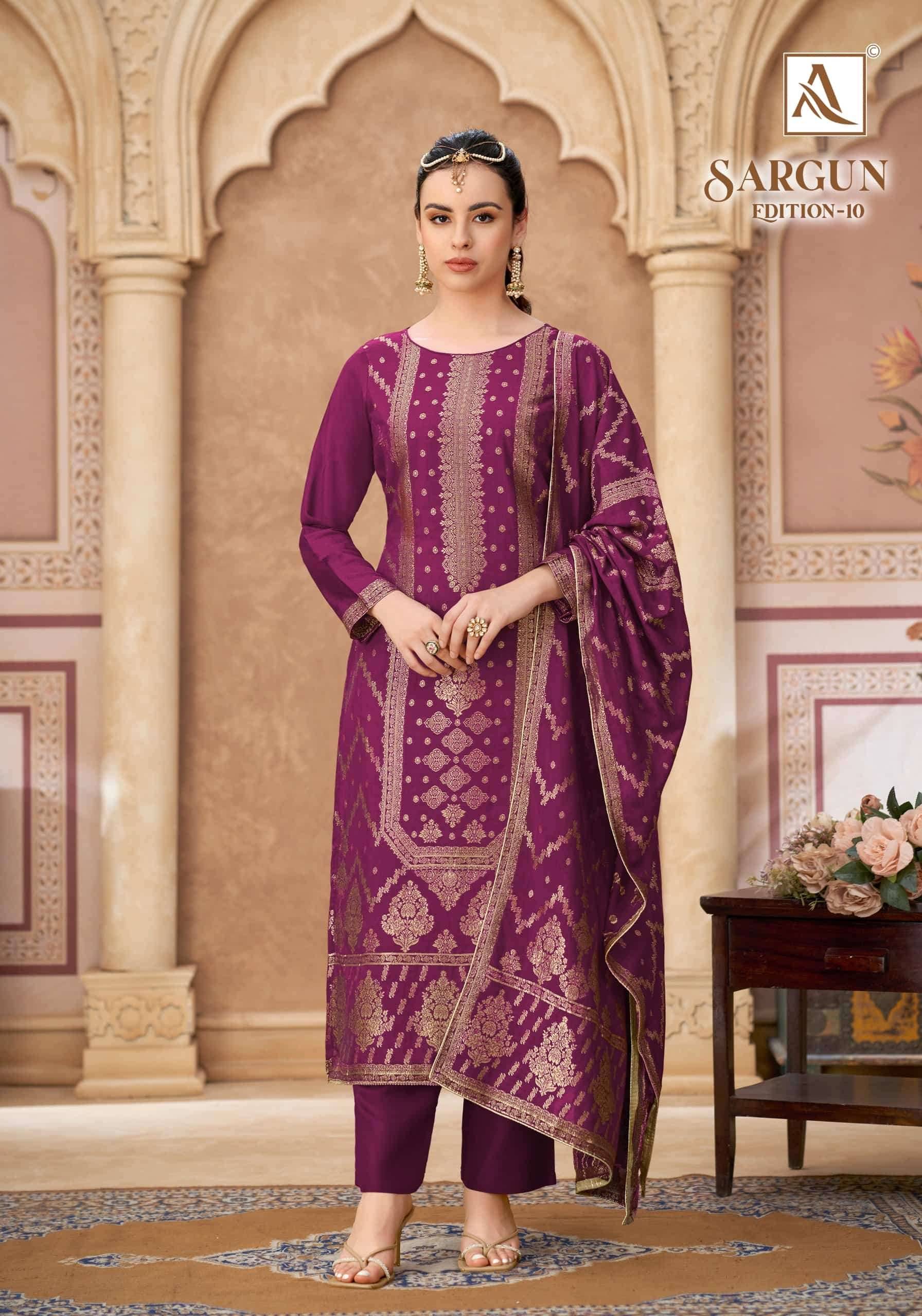 Alok Suit Sargun Edition 10 Designer Muslin Jacquard Salwar Kameez _ Surat Wholesale Market 6 Pcs Catalog 