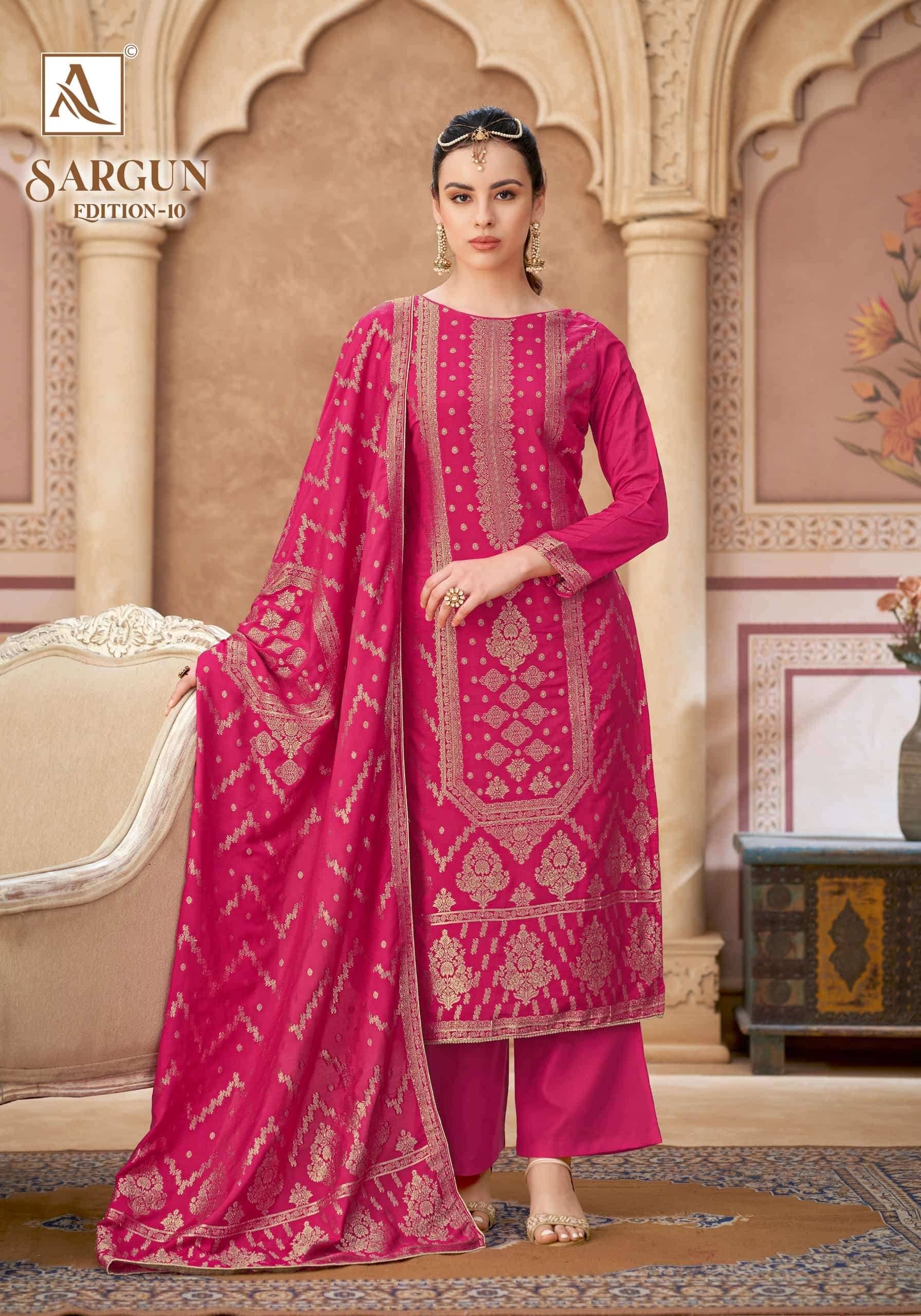 Alok Suit Sargun Edition 10 Designer Muslin Jacquard Salwar Kameez _ Surat Wholesale Market 6 Pcs Catalog 
