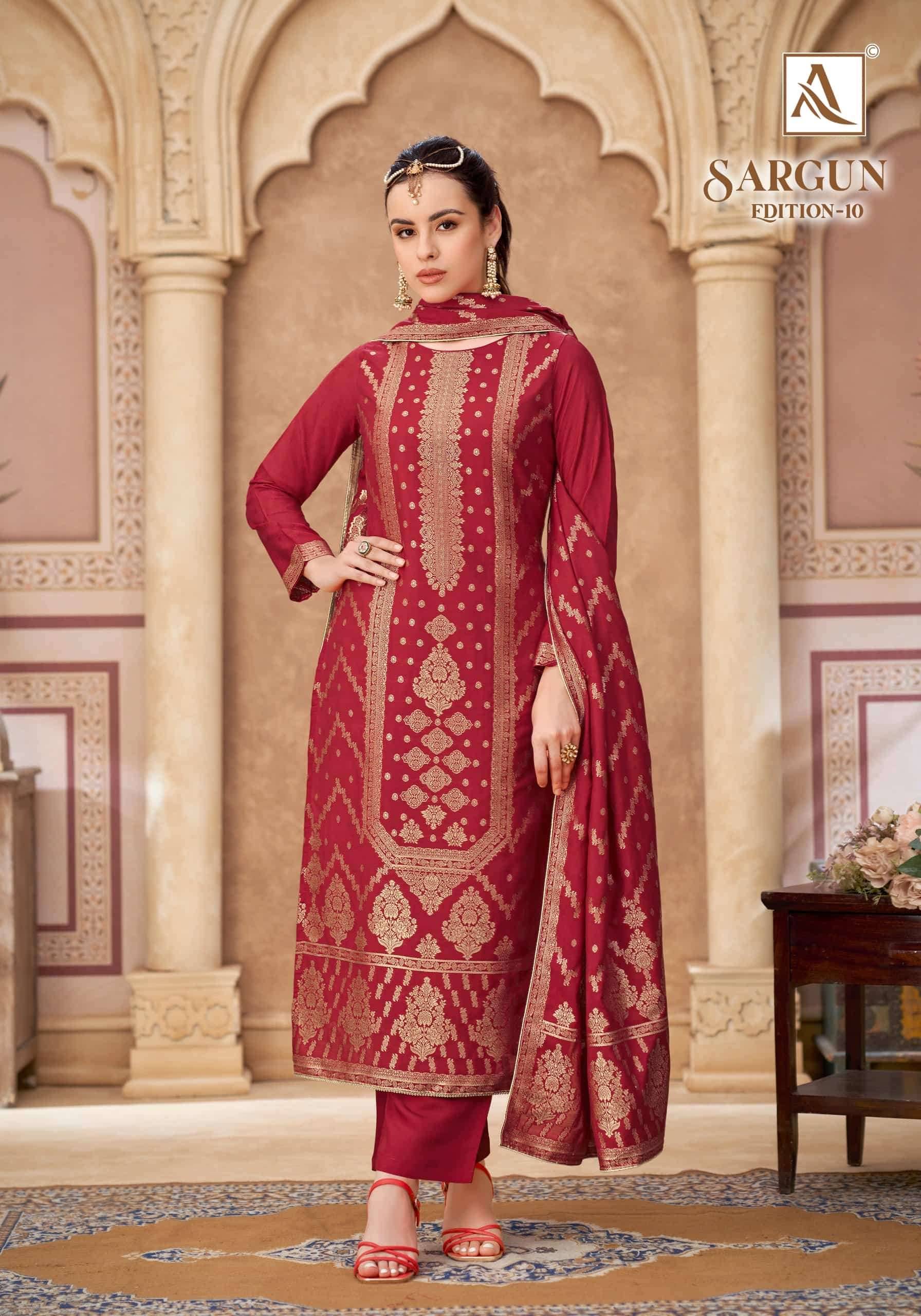 Alok Suit Sargun Edition 10 Designer Muslin Jacquard Salwar Kameez _ Surat Wholesale Market 6 Pcs Catalog 