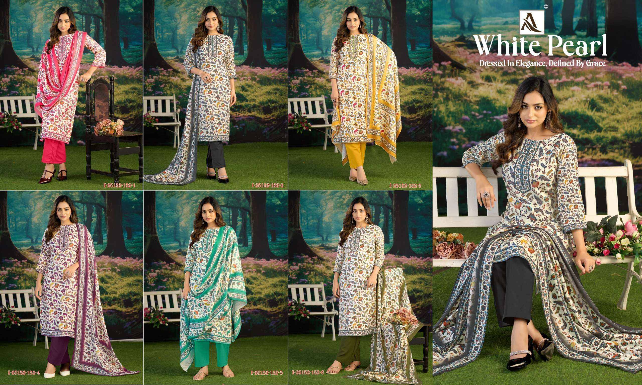 Alok White Pearl Pashmina Dress Material 6 pcs Catalog | Wholesale Textiles Direct from Surat