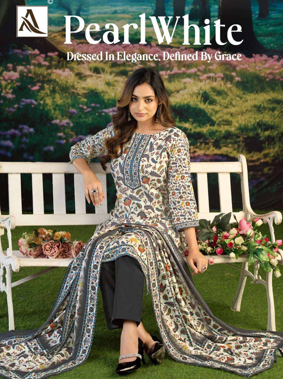 Alok White Pearl Pashmina Dress Material 6 pcs Catalog | Wholesale Textiles Direct from Surat