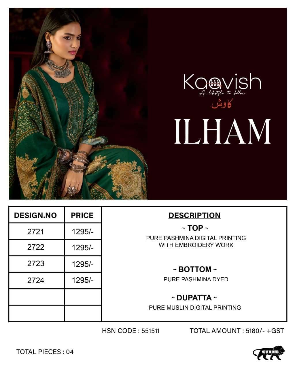 Kaavish Ilham Pure Pashmina Winter Dress Material 4 Pcs Catalog