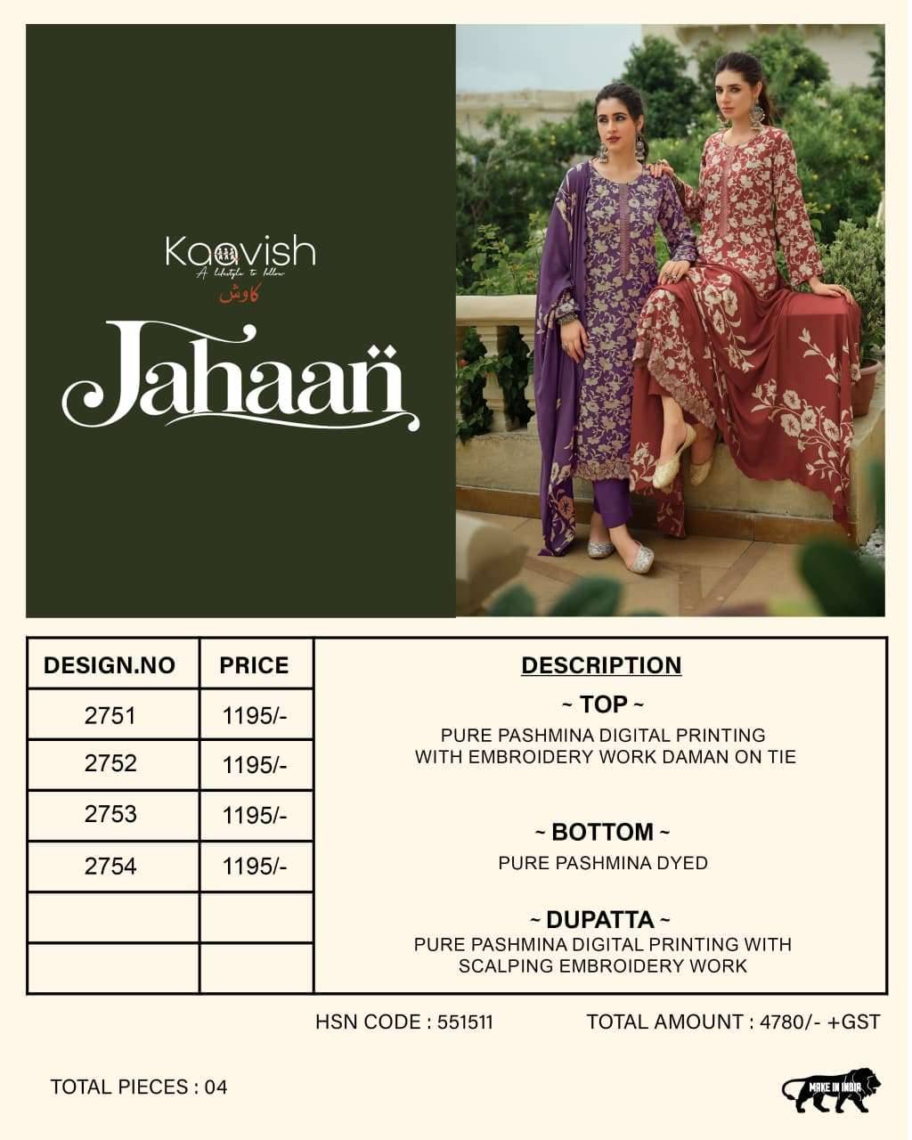 Kaavish Jahaan Pashmina Salwar Suit 4 Pcs Catalog | Wholesale Textiles Direct from Surat