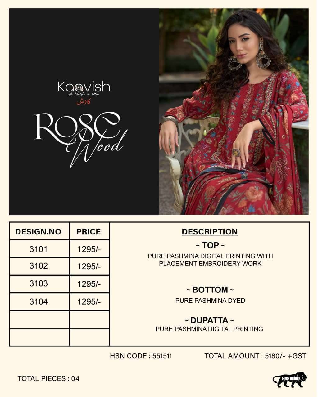 Kaavish Rosewood Pashmina Dress Materal With Price 4 Pcs Catalog