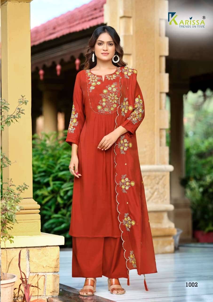 Karissa Ajmera Premium Designs Kurti Bottom Dupatta Set _ Surat Wholesale Market 4 Pcs Catalog 