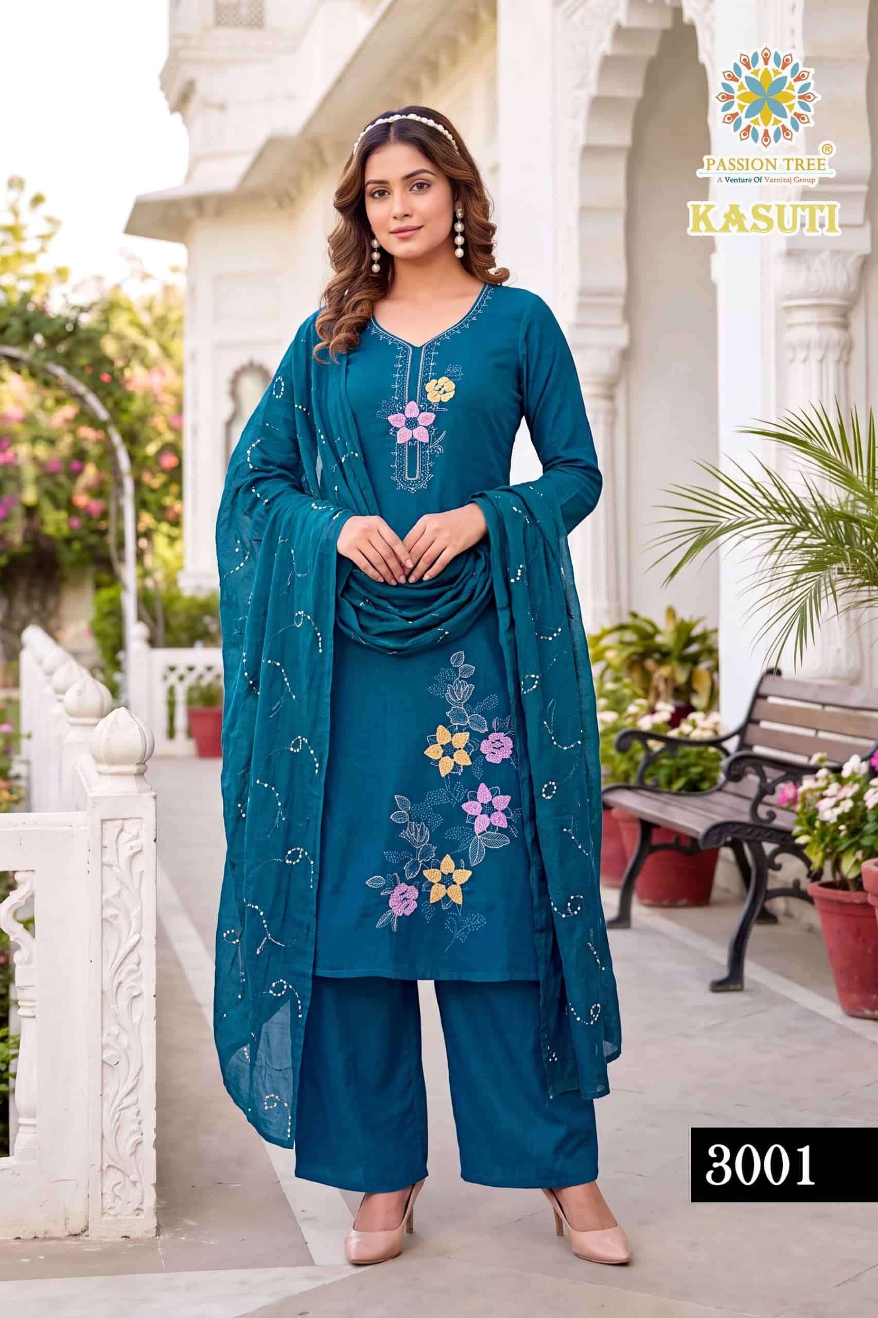 Passion Tree Kasuti Vol 3 Premium Wear 3 Pec Palazzo Pair Set _ Surat Wholesale Market 8 Pcs Catalog 