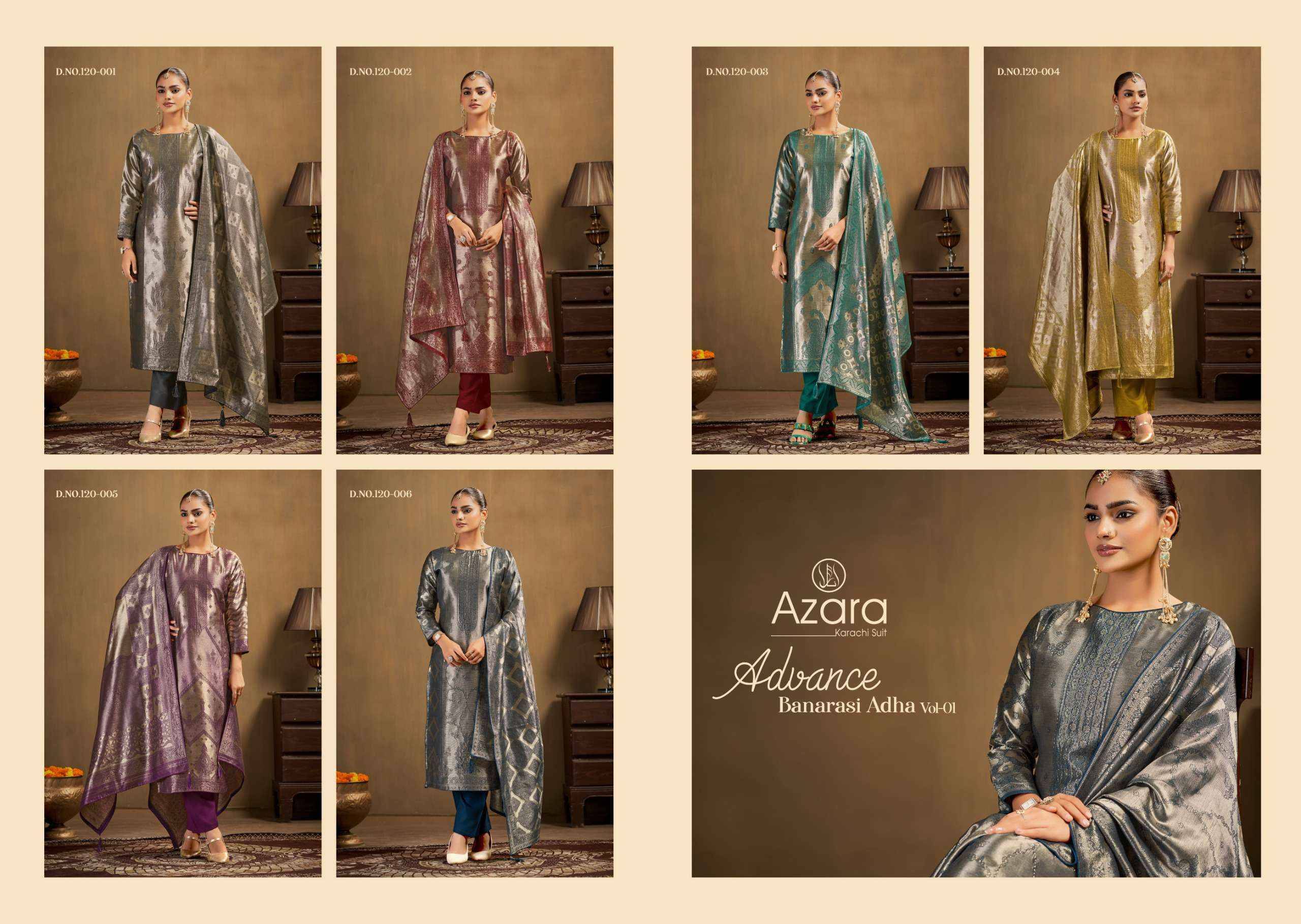 Radhika Fashion Azara Advance Banarashi Adah Vol 1 Jacquard Salwar Suit _ Surat Wholesalers 6 Pcs Catalog  